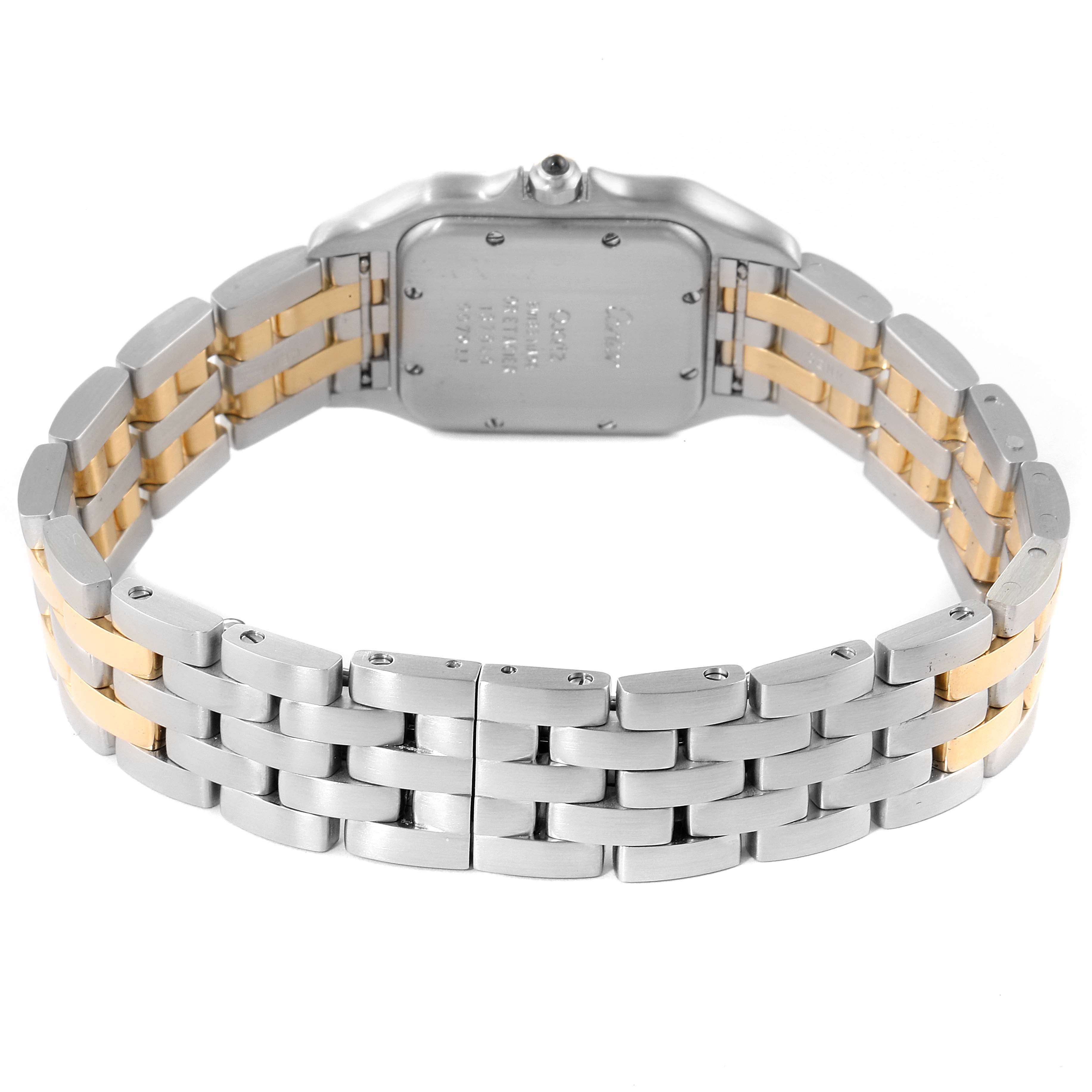 This image shows the back view of a Cartier Panthere W25028B8 Men
s Steel and Gold (two tone) Silver Dial W25028B8 Men
s Steel and Gold (two tone) Silver Dial watch, highlighting its bi-metal bracelet and case back.