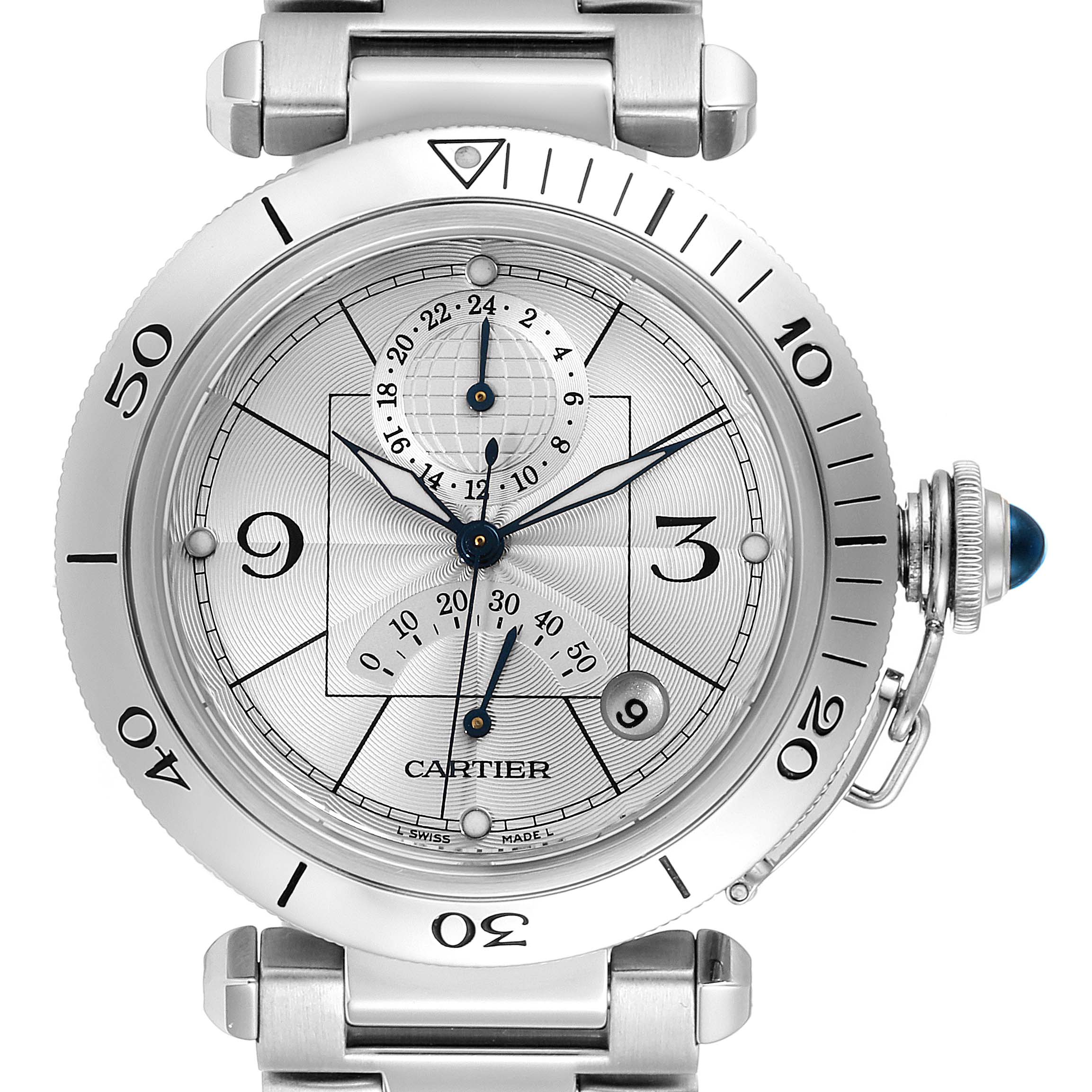 The image shows a close-up, front angle view of the Cartier Pasha W31037H3 Men
s Stainless Steel Silver Dial W31037H3 Men
s Stainless Steel Silver Dial watch showcasing the dial, bezel, and part of the bracelet.