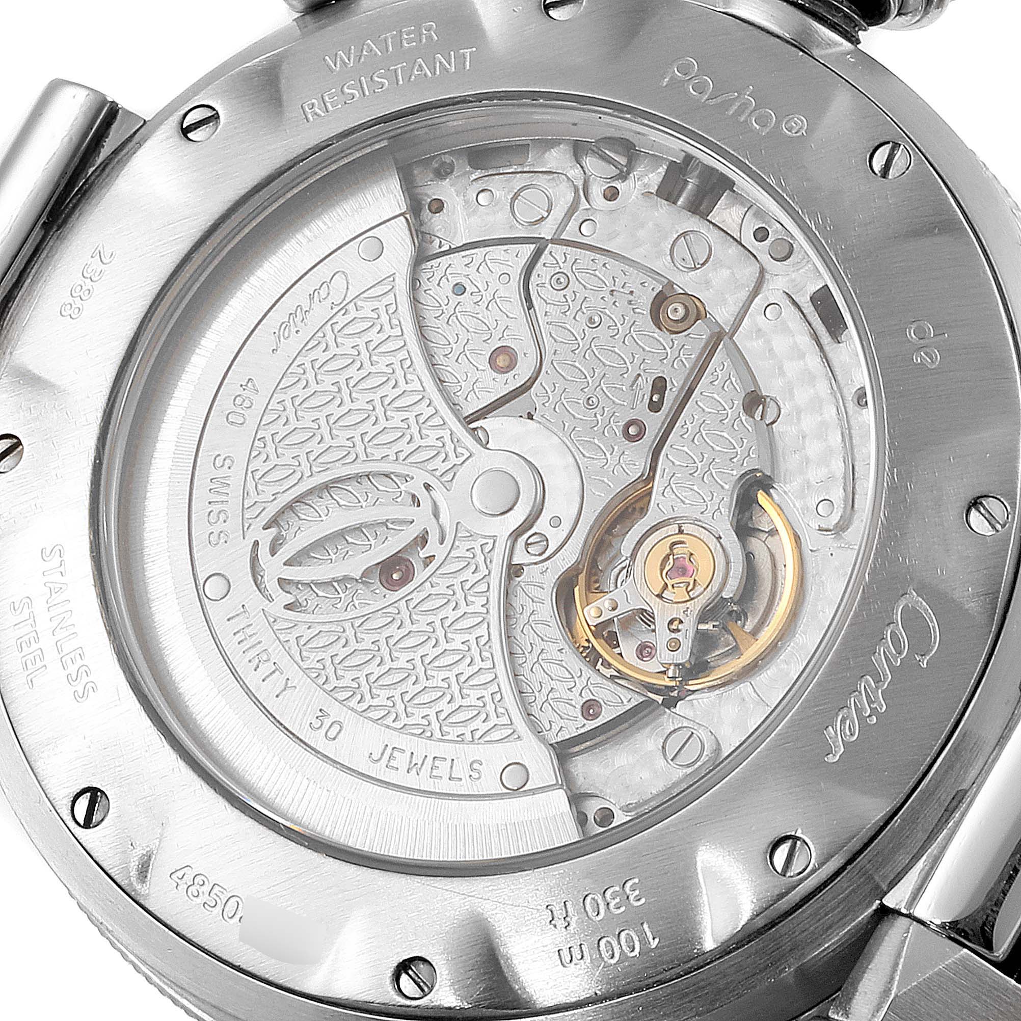 The image shows the back view of a Cartier Pasha W31037H3 Men
s Stainless Steel Silver Dial W31037H3 Men
s Stainless Steel Silver Dial watch, highlighting its mechanical movement and intricate inner workings.