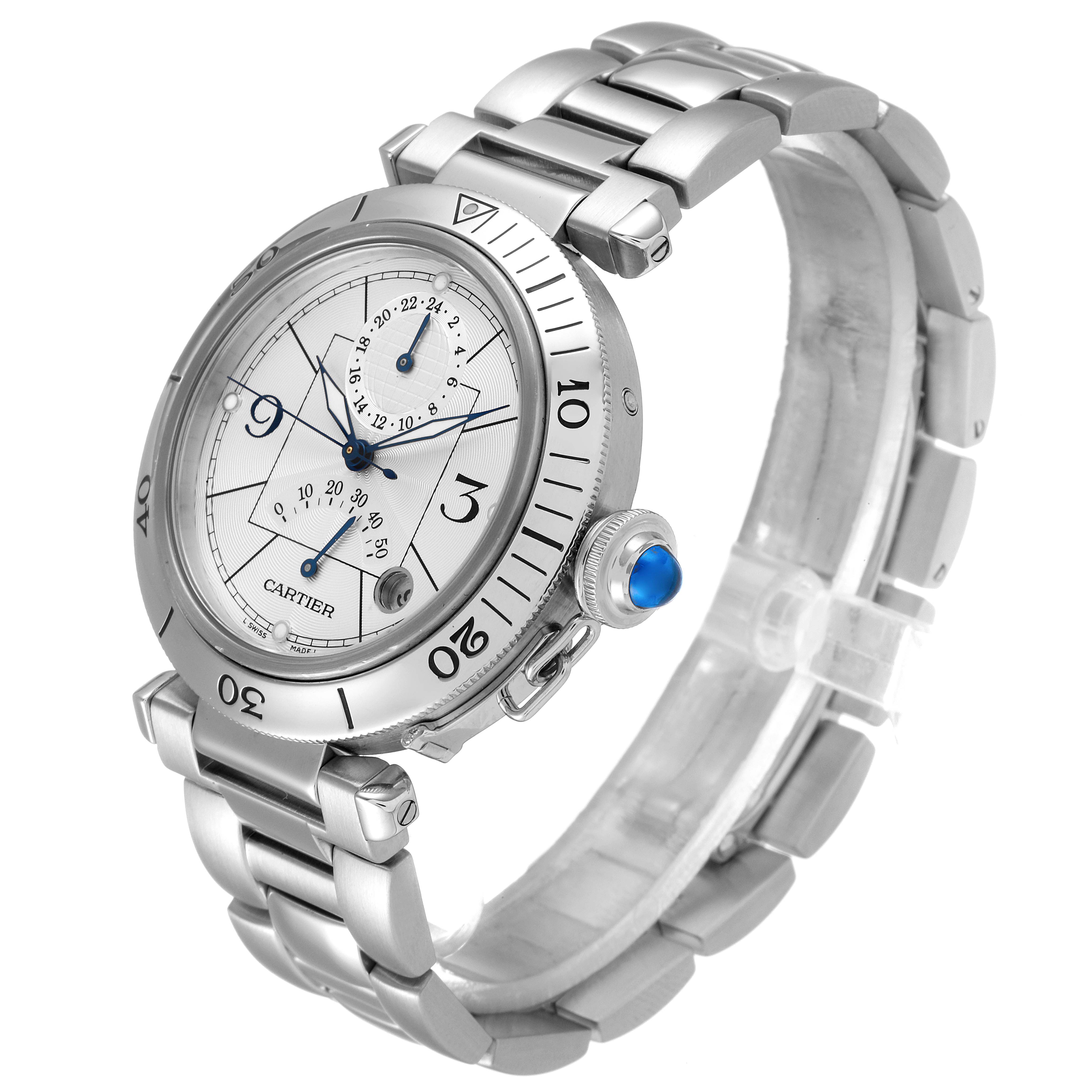 The image shows a Cartier Pasha W31037H3 Men
s Stainless Steel Silver Dial W31037H3 Men
s Stainless Steel Silver Dial watch at an angle, highlighting the dial, bezel, crown, and bracelet.
