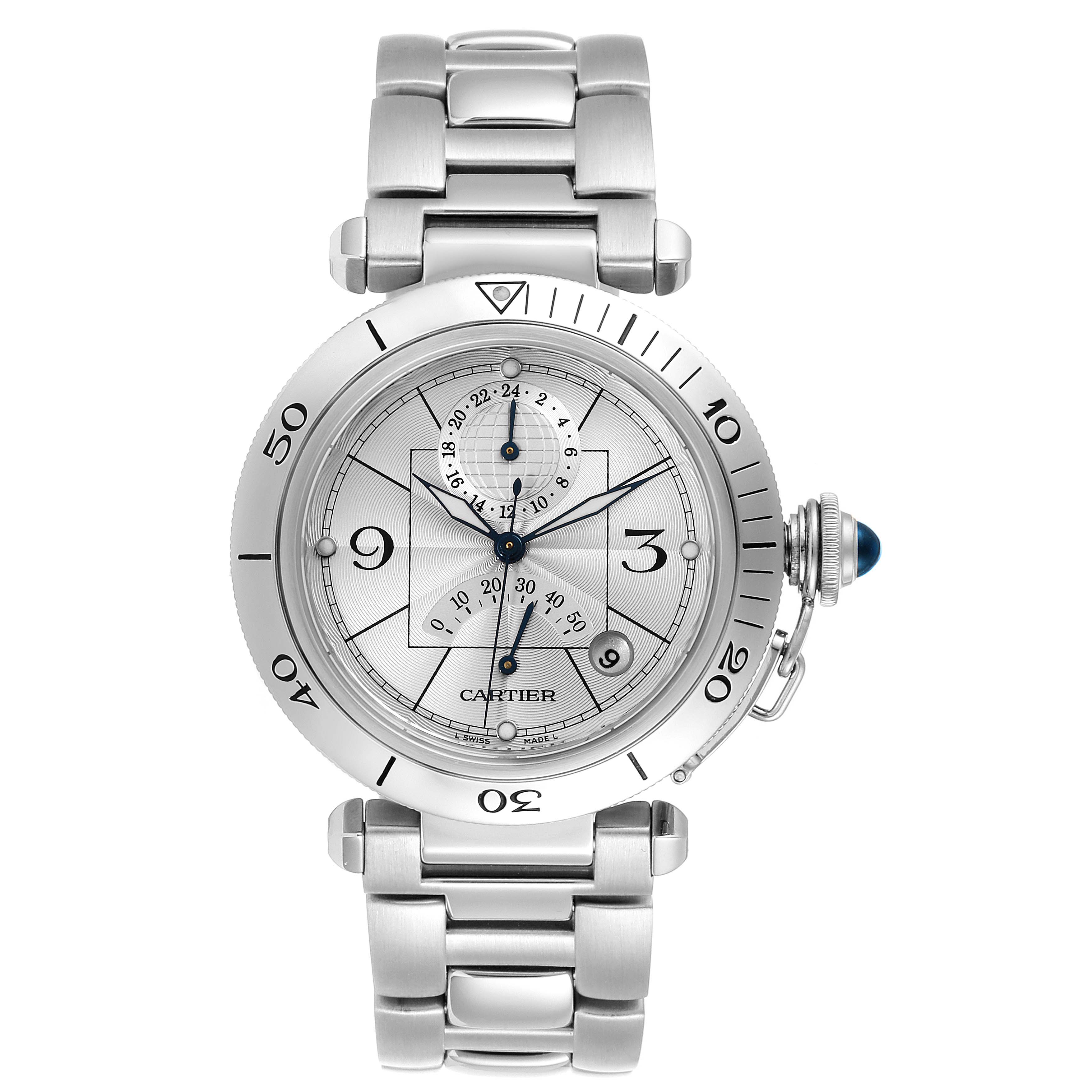 This image shows a front view of the Cartier Pasha W31037H3 Men
s Stainless Steel Silver Dial W31037H3 Men
s Stainless Steel Silver Dial watch, highlighting its face, bezel, and metal bracelet.