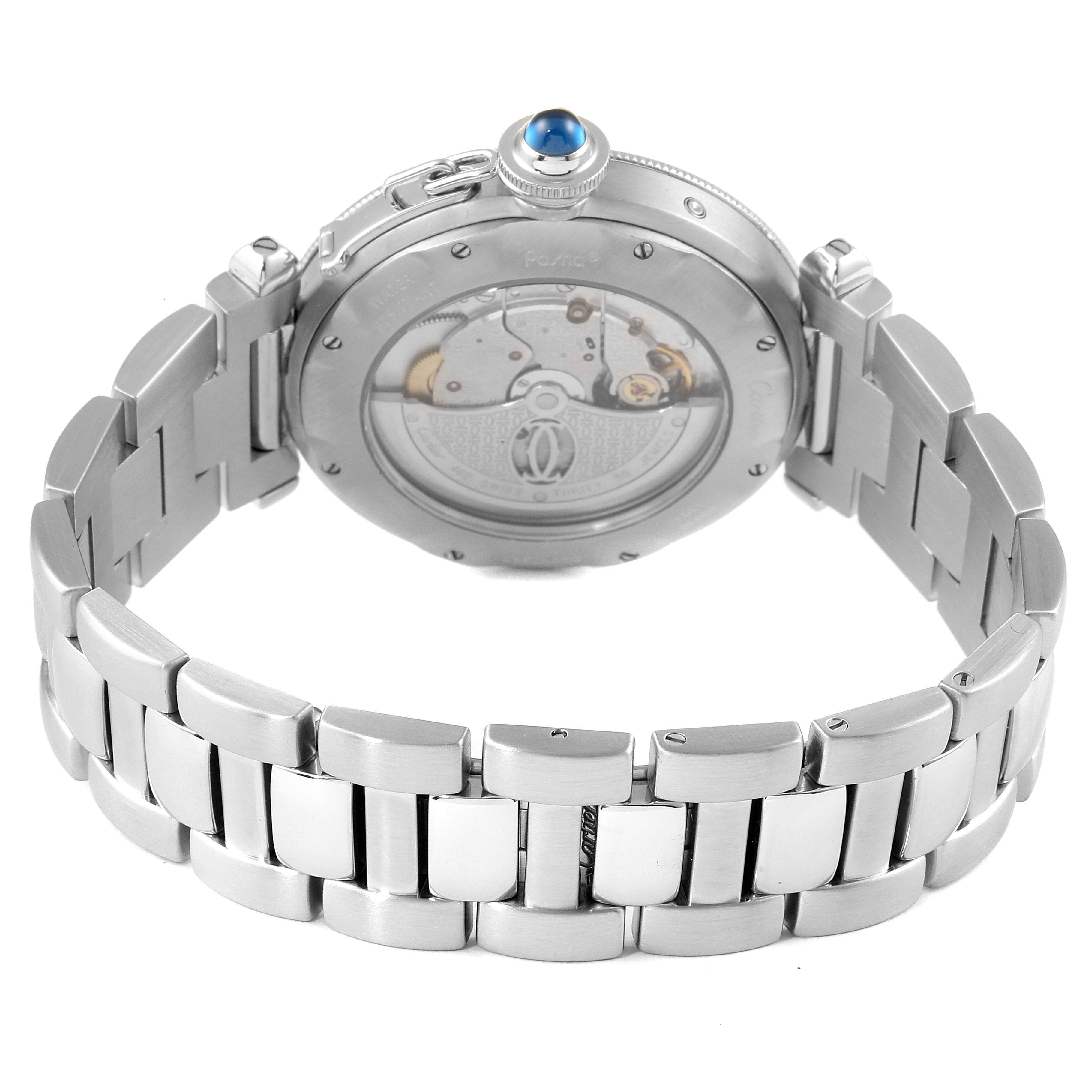 The image shows the back view of a Cartier Pasha W31037H3 Men
s Stainless Steel Silver Dial W31037H3 Men
s Stainless Steel Silver Dial watch, highlighting its stainless steel bracelet and the sapphire crystal case back revealing the movement.
