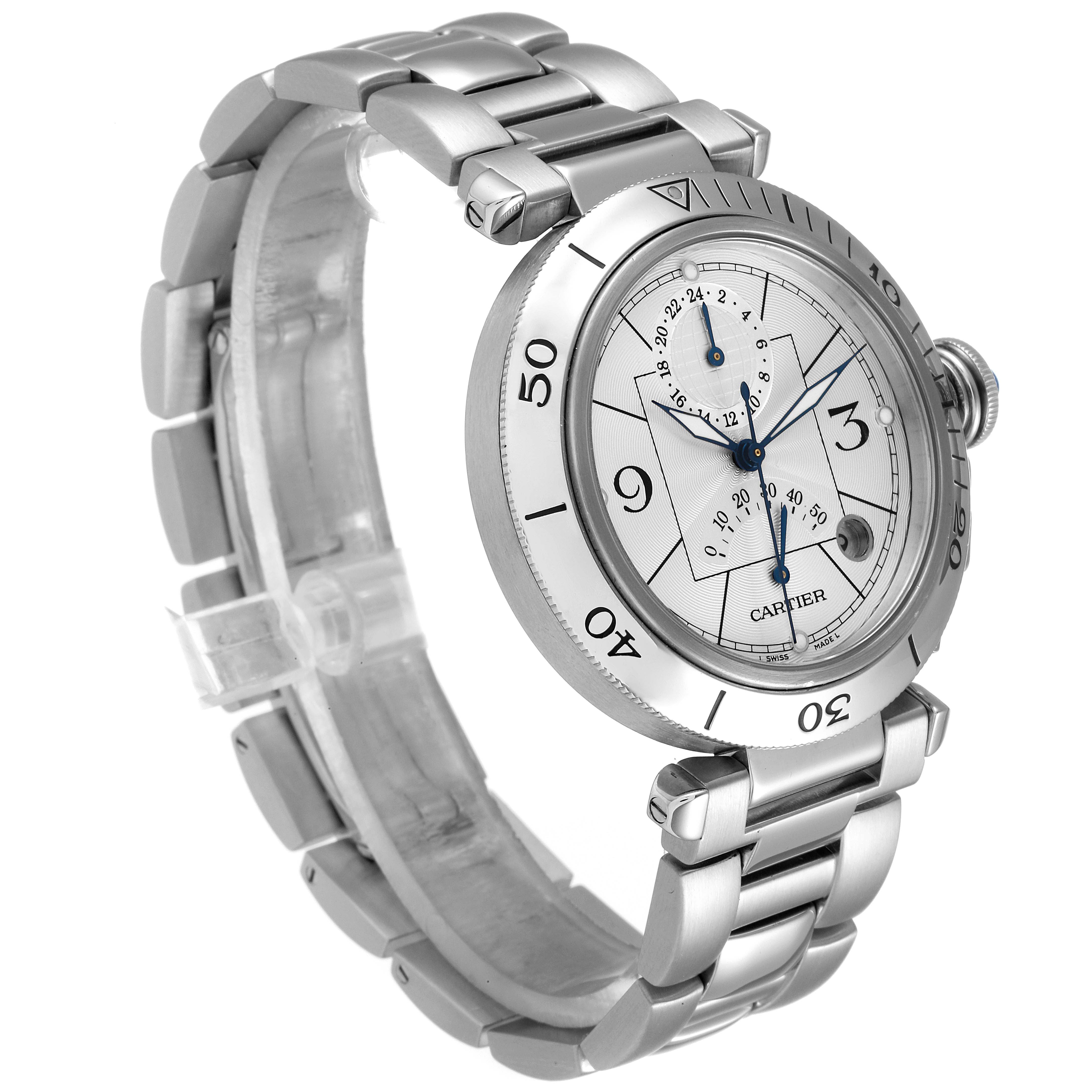 This image shows a three-quarter angle view of a Cartier Pasha W31037H3 Men
s Stainless Steel Silver Dial W31037H3 Men
s Stainless Steel Silver Dial watch, highlighting its face, bezel, crown, and metal bracelet.