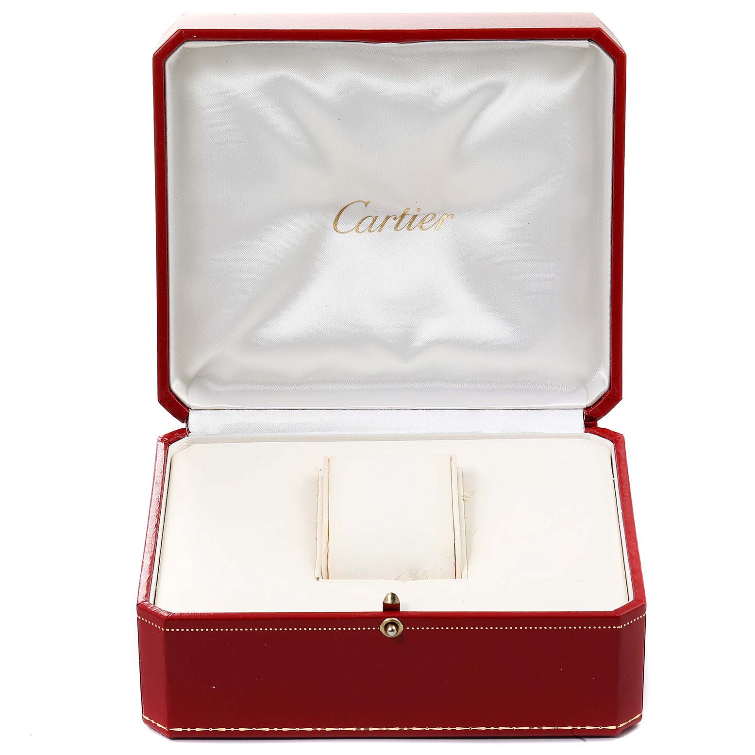 The image shows an open Cartier watch box for the Pasha model, with a padded interior and the Cartier logo on the inside lid.