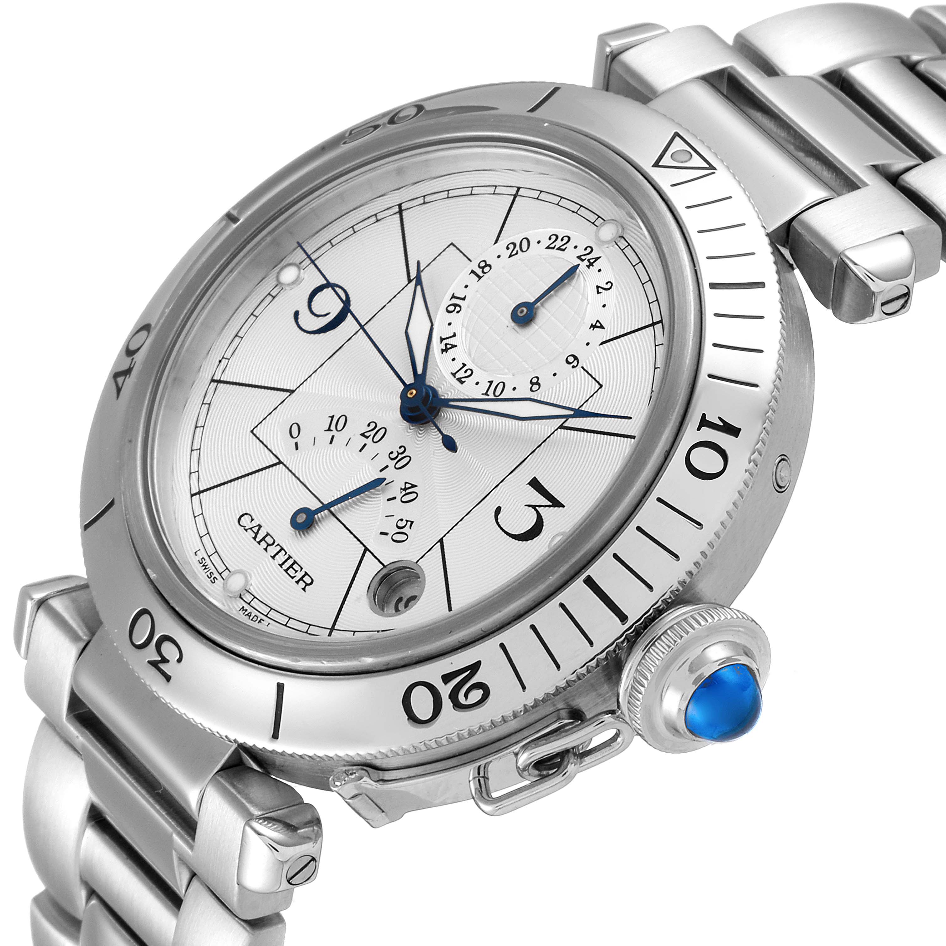 This image shows a Cartier Pasha W31037H3 Men
s Stainless Steel Silver Dial W31037H3 Men
s Stainless Steel Silver Dial watch at an angled view, highlighting the dial, bezel, and the crown with a blue cabochon.