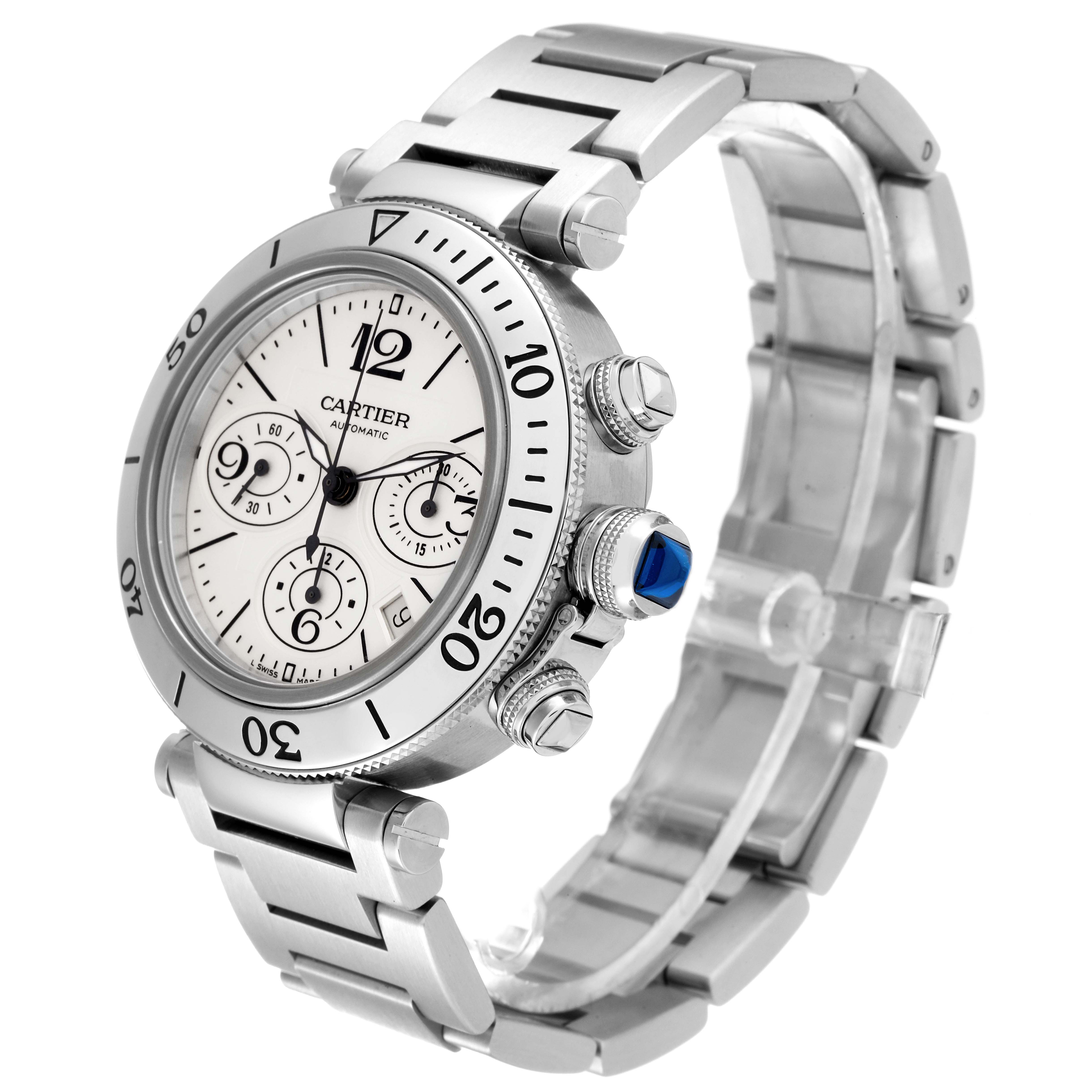 The image shows the Pasha model by Cartier from a diagonal front view, highlighting the watch face, crown, and bracelet.