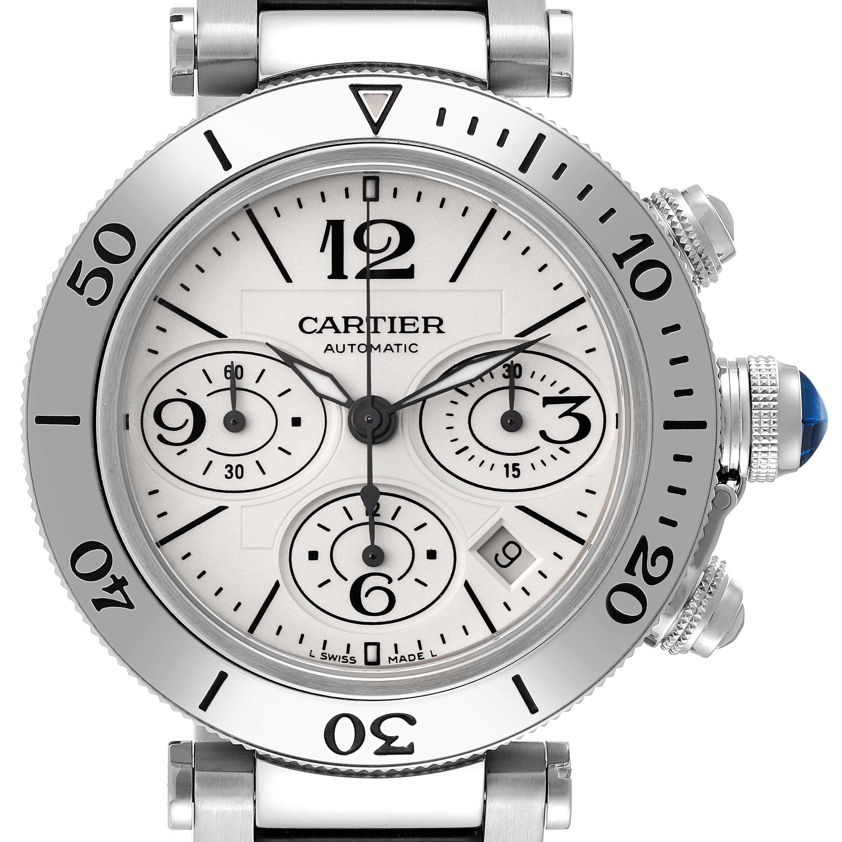 This image shows a front view of the Cartier Pasha W31089M7 Men
s Stainless Steel Silver Dial W31089M7 Men
s Stainless Steel Silver Dial watch, displaying the face, bezel, and crown.