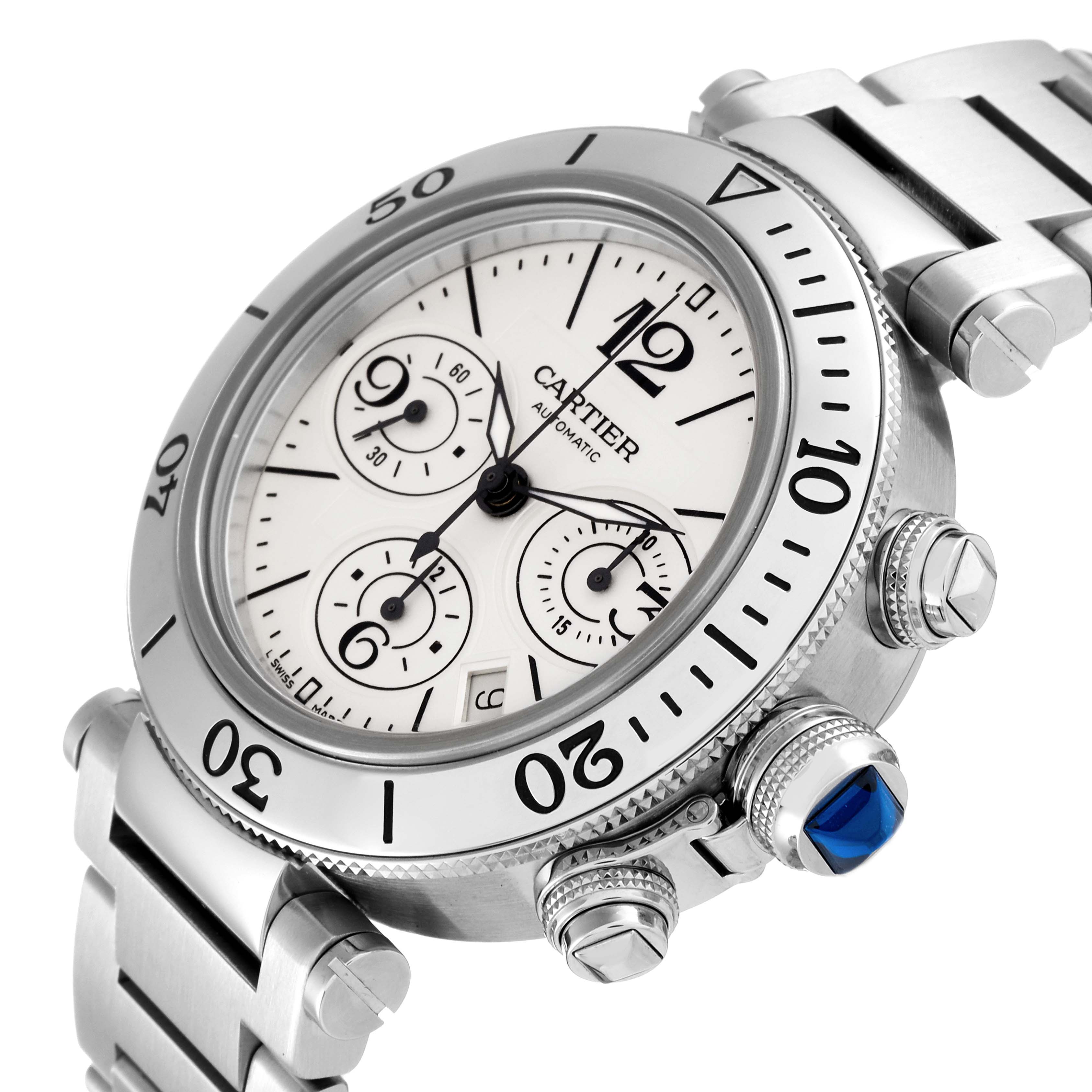 The image shows a close-up, side-angle view of the Cartier Pasha W31089M7 Men
s Stainless Steel Silver Dial W31089M7 Men
s Stainless Steel Silver Dial watch, highlighting its face, bezel, crown, and chronograph buttons.