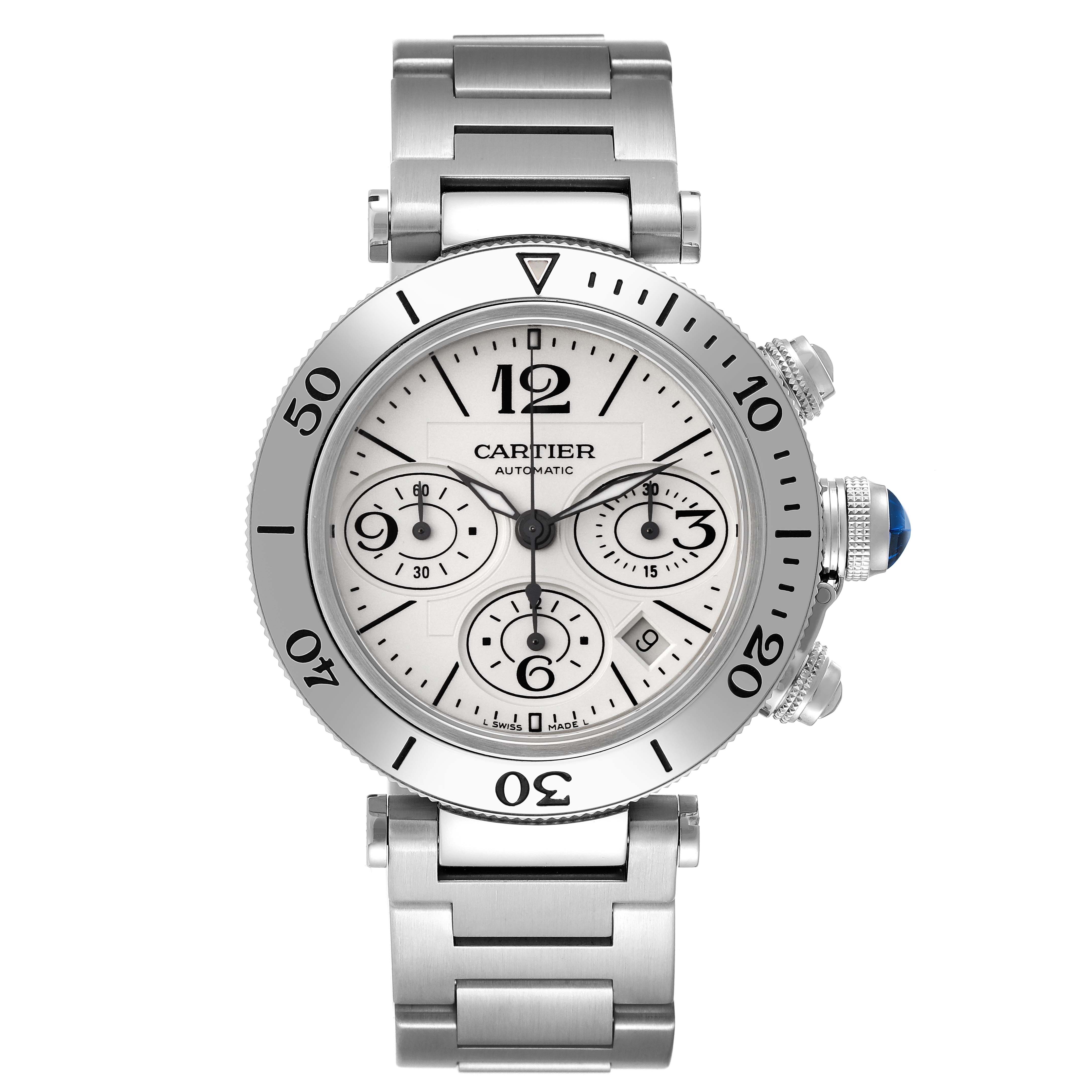 The image shows a front view of a Cartier Pasha W31089M7 Men
s Stainless Steel Silver Dial W31089M7 Men
s Stainless Steel Silver Dial model watch, highlighting its face, chronograph dials, bezel, and stainless steel bracelet.