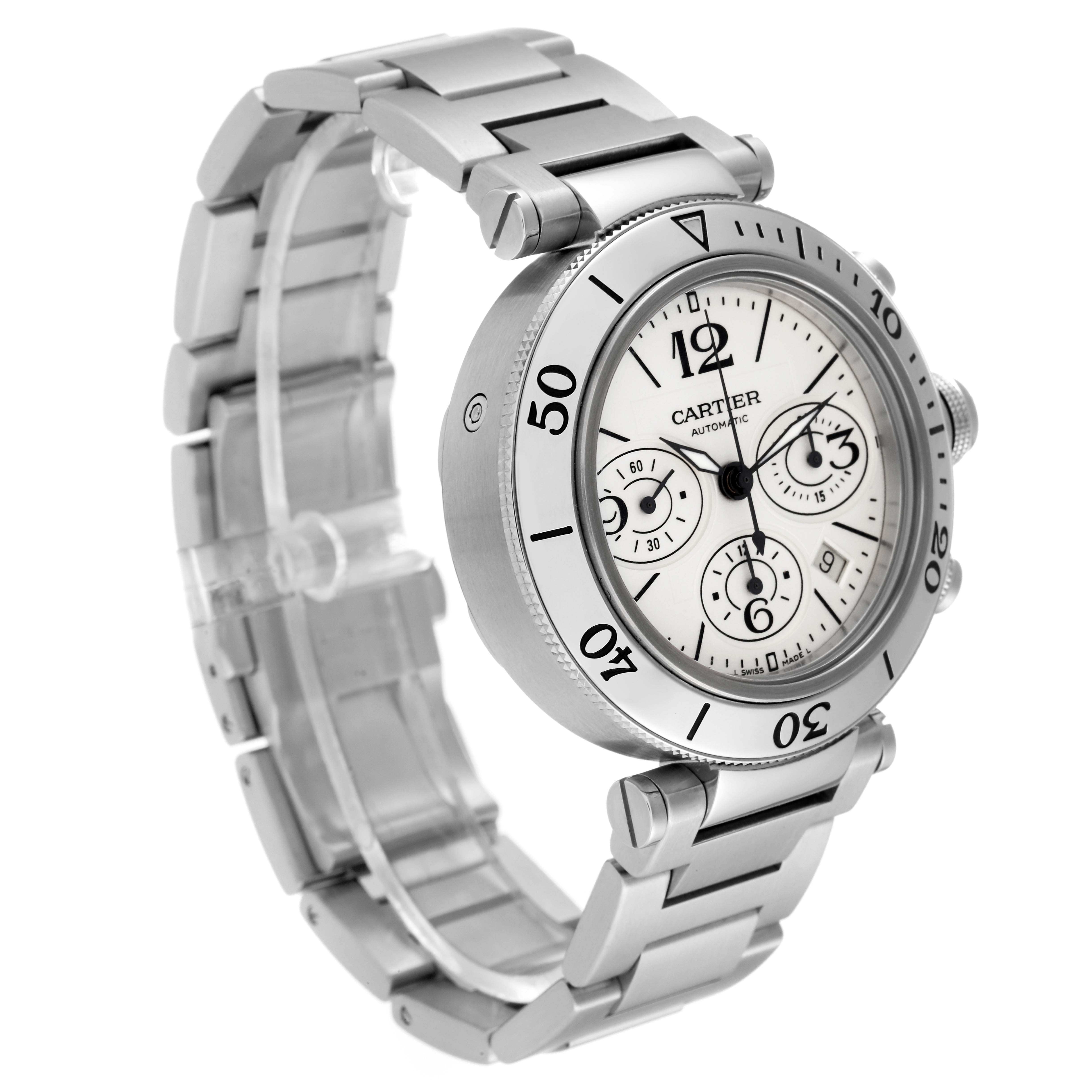 The image shows a Cartier Pasha W31089M7 Men
s Stainless Steel Silver Dial W31089M7 Men
s Stainless Steel Silver Dial watch from an angled side view, highlighting its dial, bezel, and bracelet.