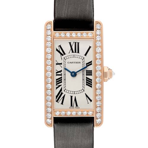 The Cartier Tank Americaine WJTA0002 Women's Rose Gold Silver Dial watch is shown from the front, highlighting its rectangular face, Roman numerals, diamond bezel, and black strap.
