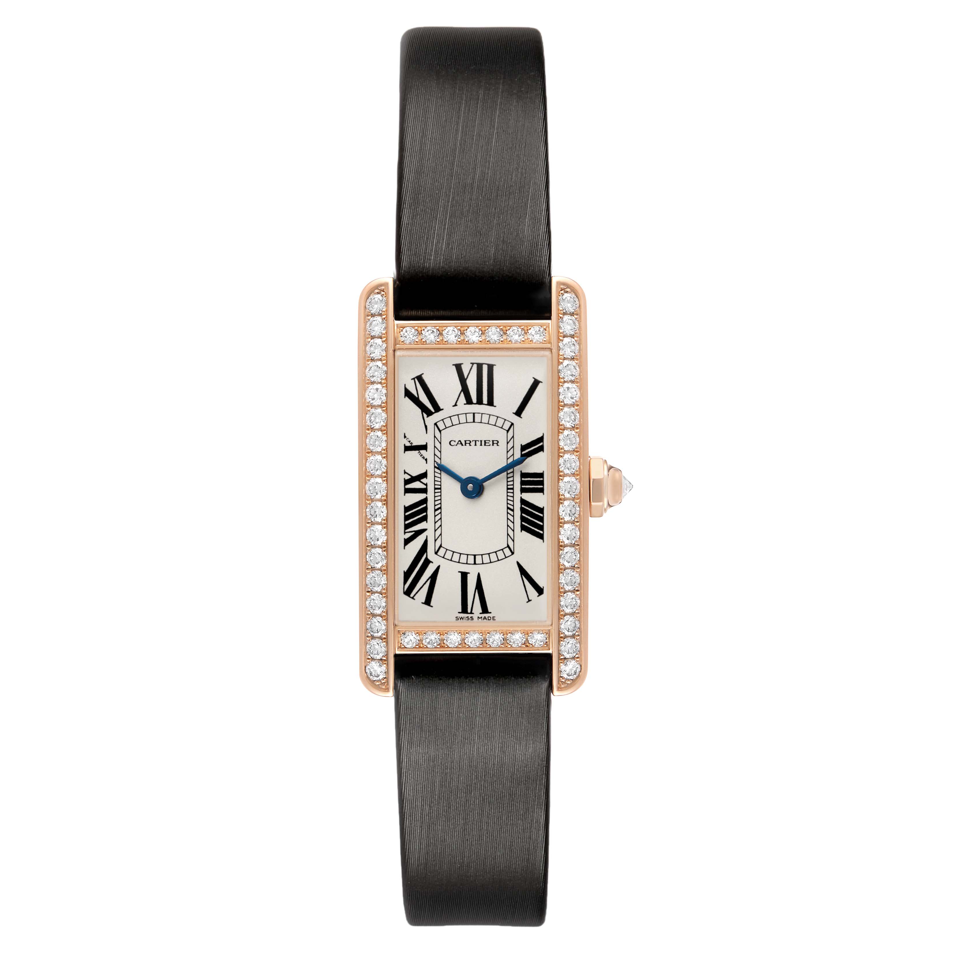 The Cartier Tank Américaine watch is shown from the front, highlighting its rectangular face, diamond bezel, Roman numerals, and leather strap.