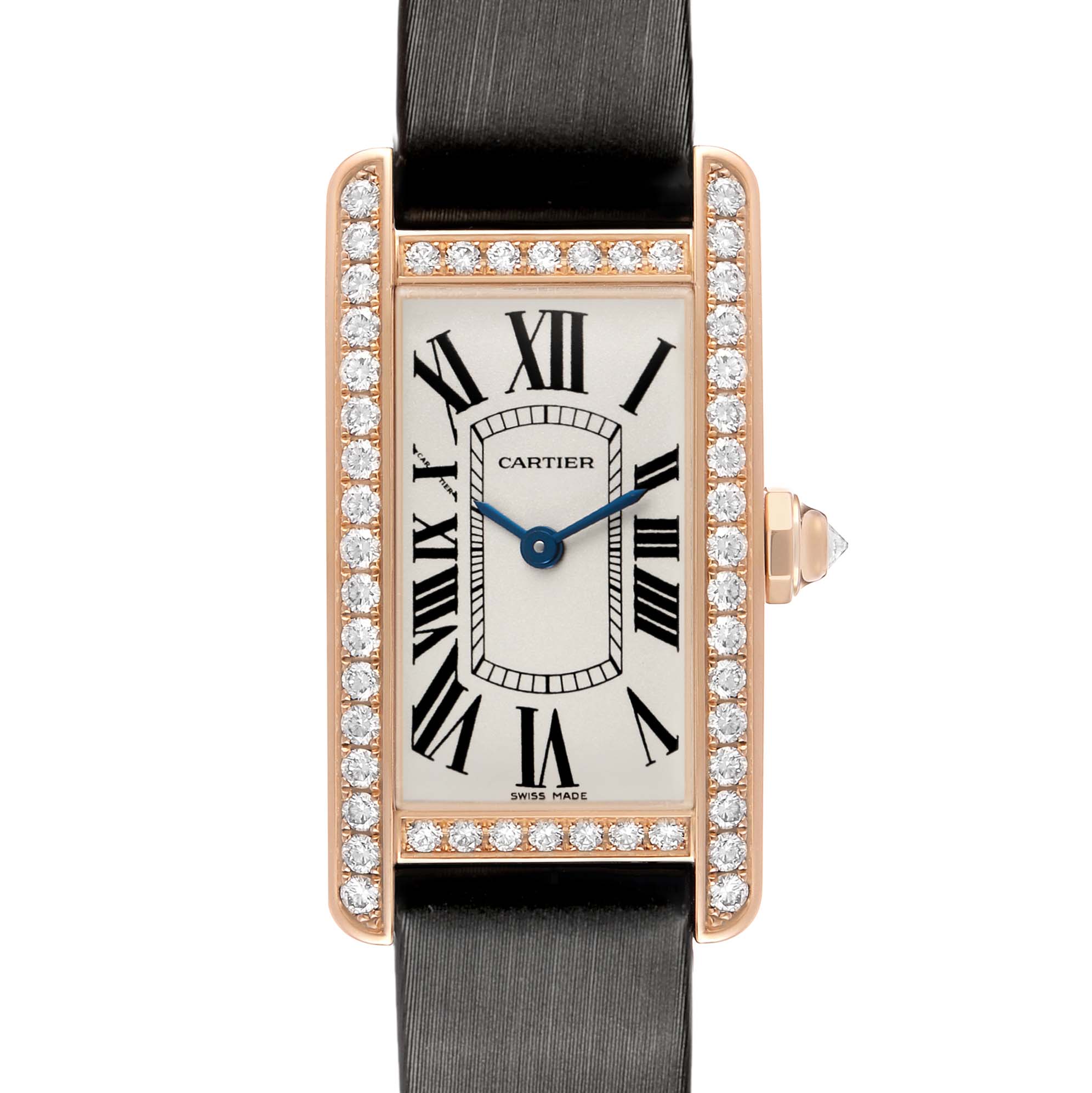 The image shows a Cartier Tank Américaine watch face-on, highlighting its rectangular case with diamond accents and Roman numerals.