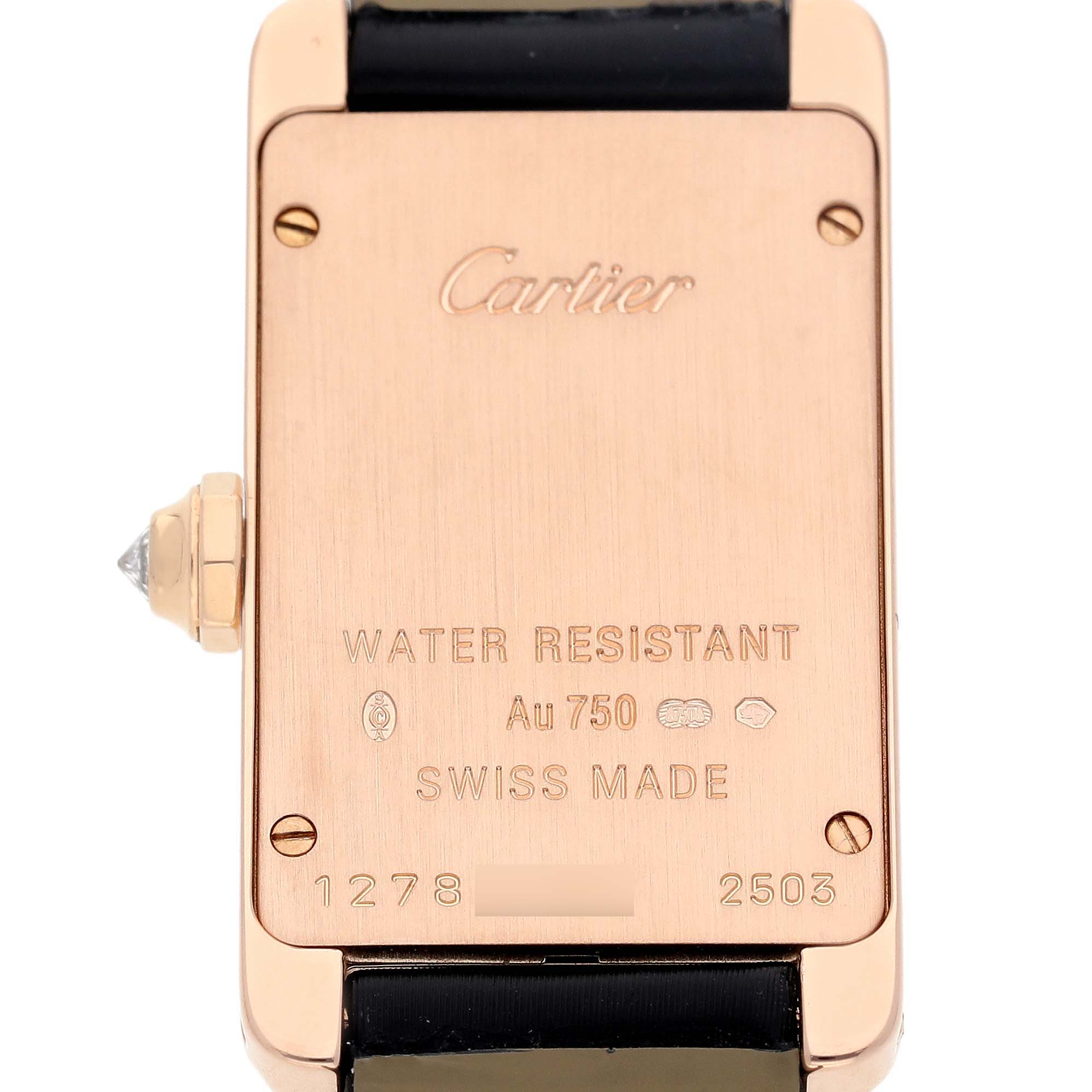 The image shows the back case of the Cartier Tank Americaine WJTA0002 Women's Rose Gold Silver Dial watch, highlighting its water resistance and "Swiss Made" mark.