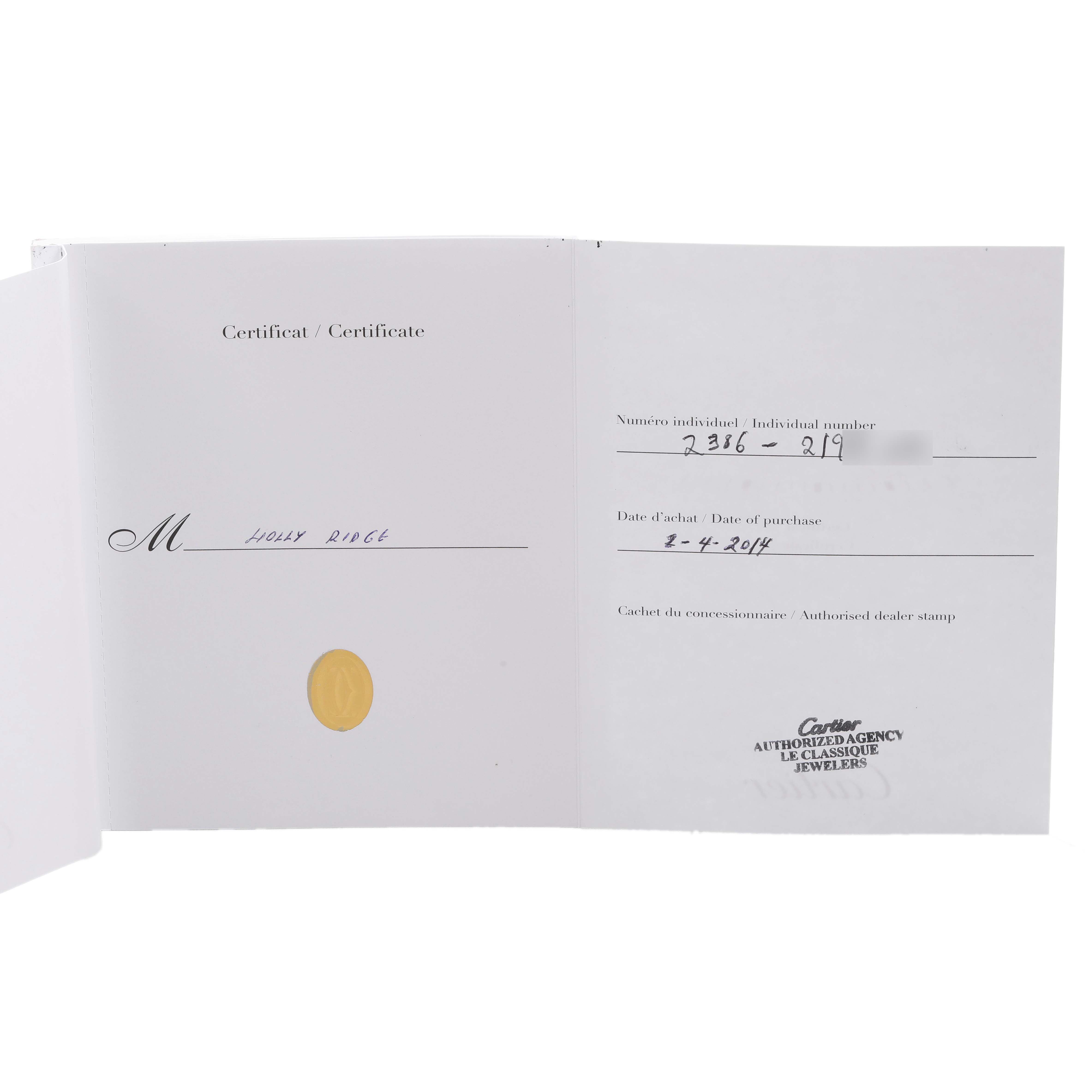 The image shows a certificate for the Cartier Tank Basculante W1011158 Women's Stainless Steel Silver Dial model, detailing purchase information and dealer authorization.