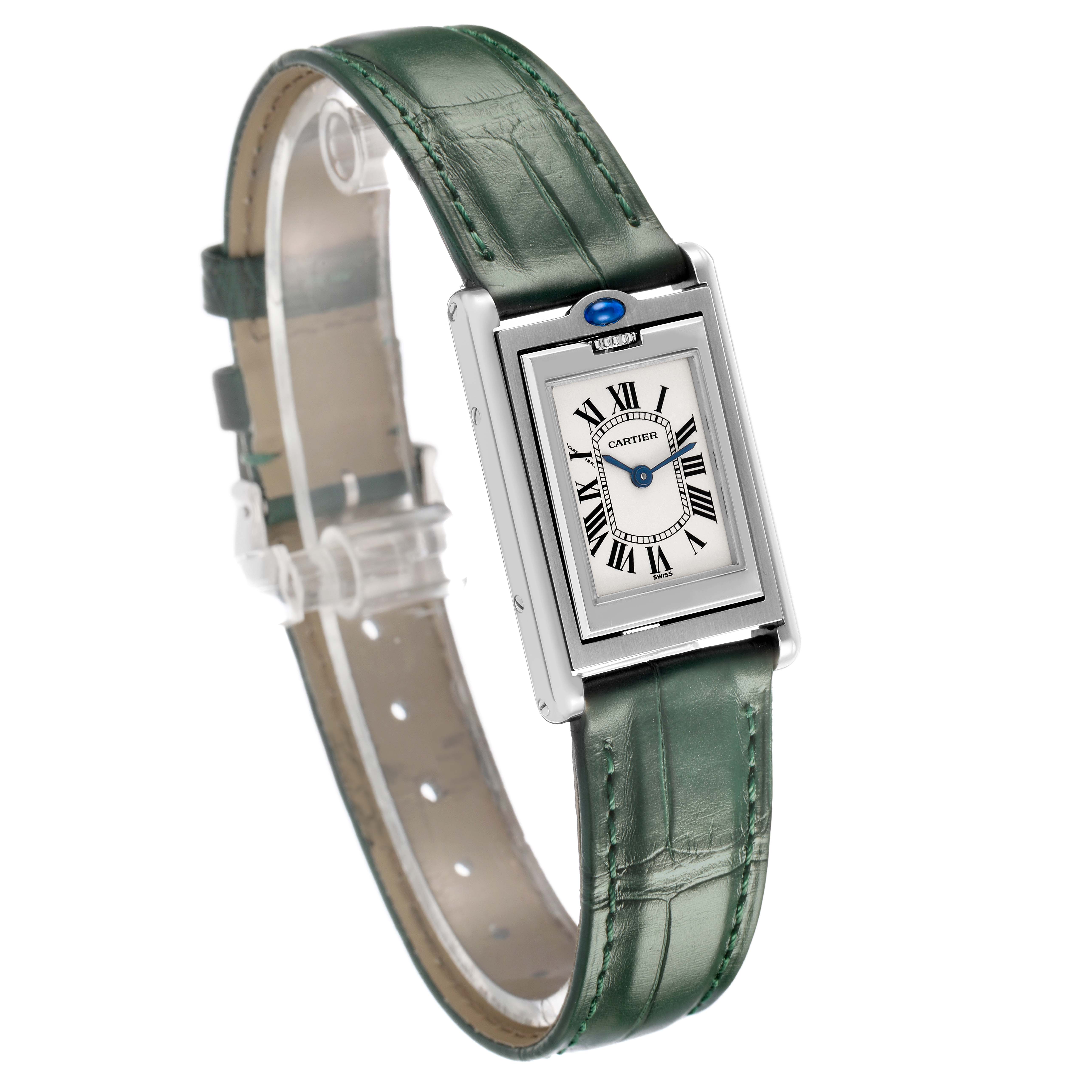 The Cartier Tank Basculante W1011158 Women's Stainless Steel Silver Dial watch is shown at a three-quarter angle, highlighting its face, case, and strap.