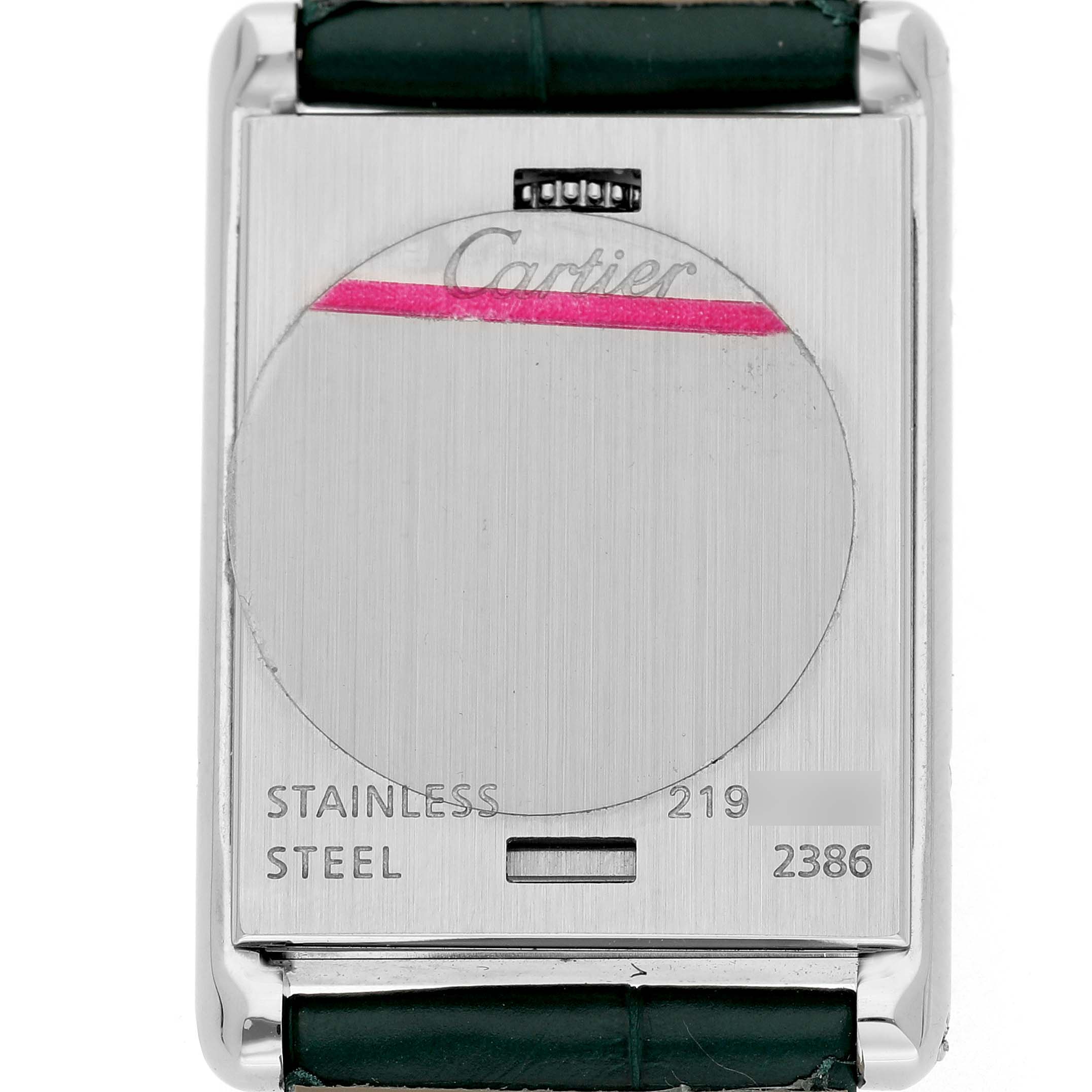 The image shows the back of a Cartier Tank Basculante W1011158 Women's Stainless Steel Silver Dial, highlighting the stainless steel case and model markings.