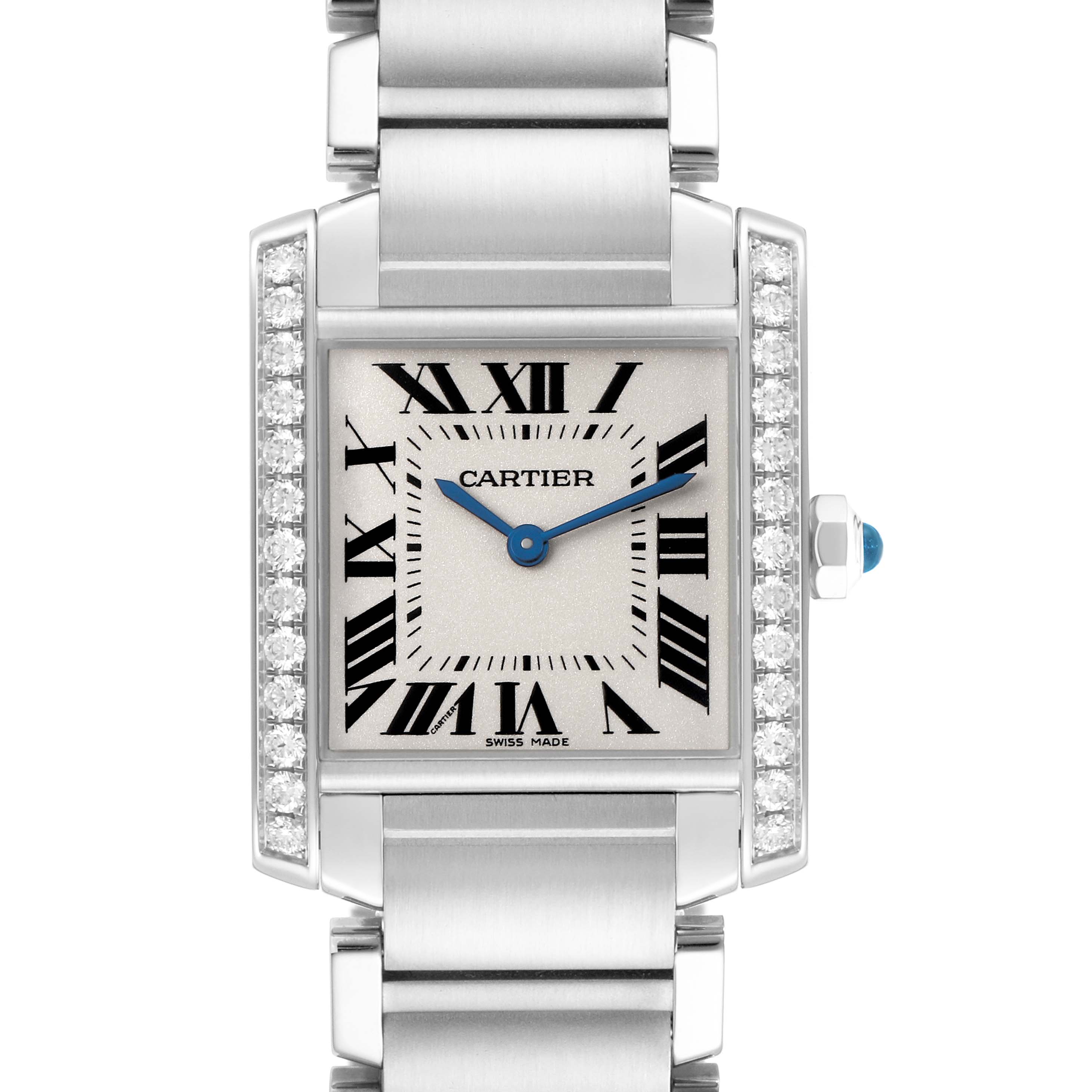 The Cartier Tank Française watch is shown from the front, highlighting the face, bracelet, and diamond-accented bezel.