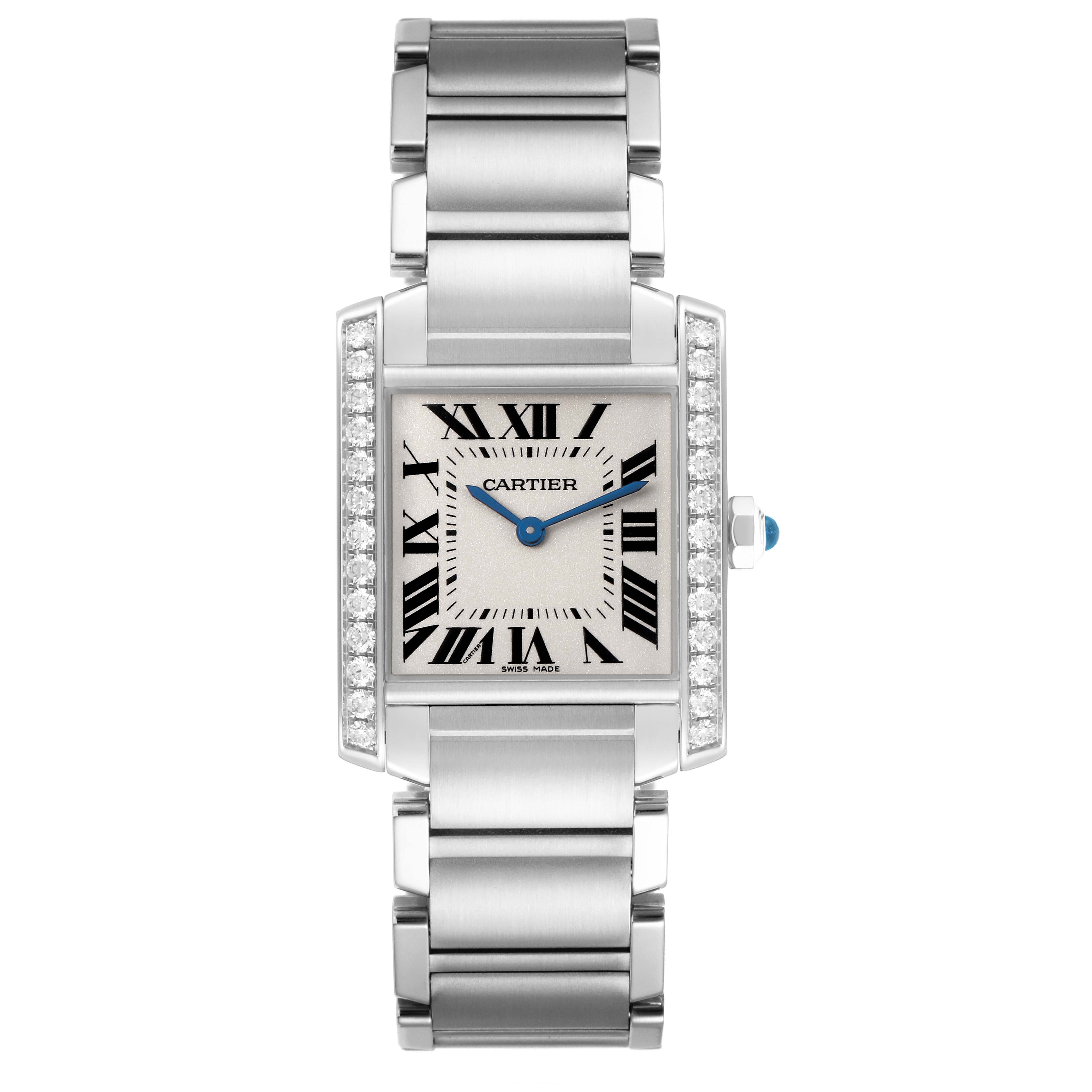The Cartier Tank Francaise W4TA0009 Women's Stainless Steel Silver Dial watch is shown from a front angle, displaying its face, bracelet, and diamond accents.