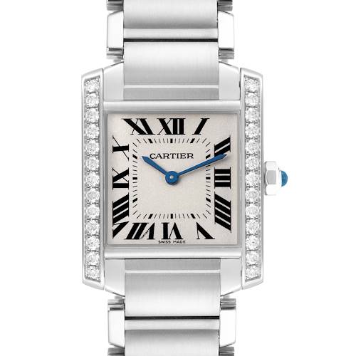 The Cartier Tank Francaise W4TA0009 Women's Stainless Steel Silver Dial watch is shown from the front, highlighting its rectangular face, Roman numerals, and metal bracelet.