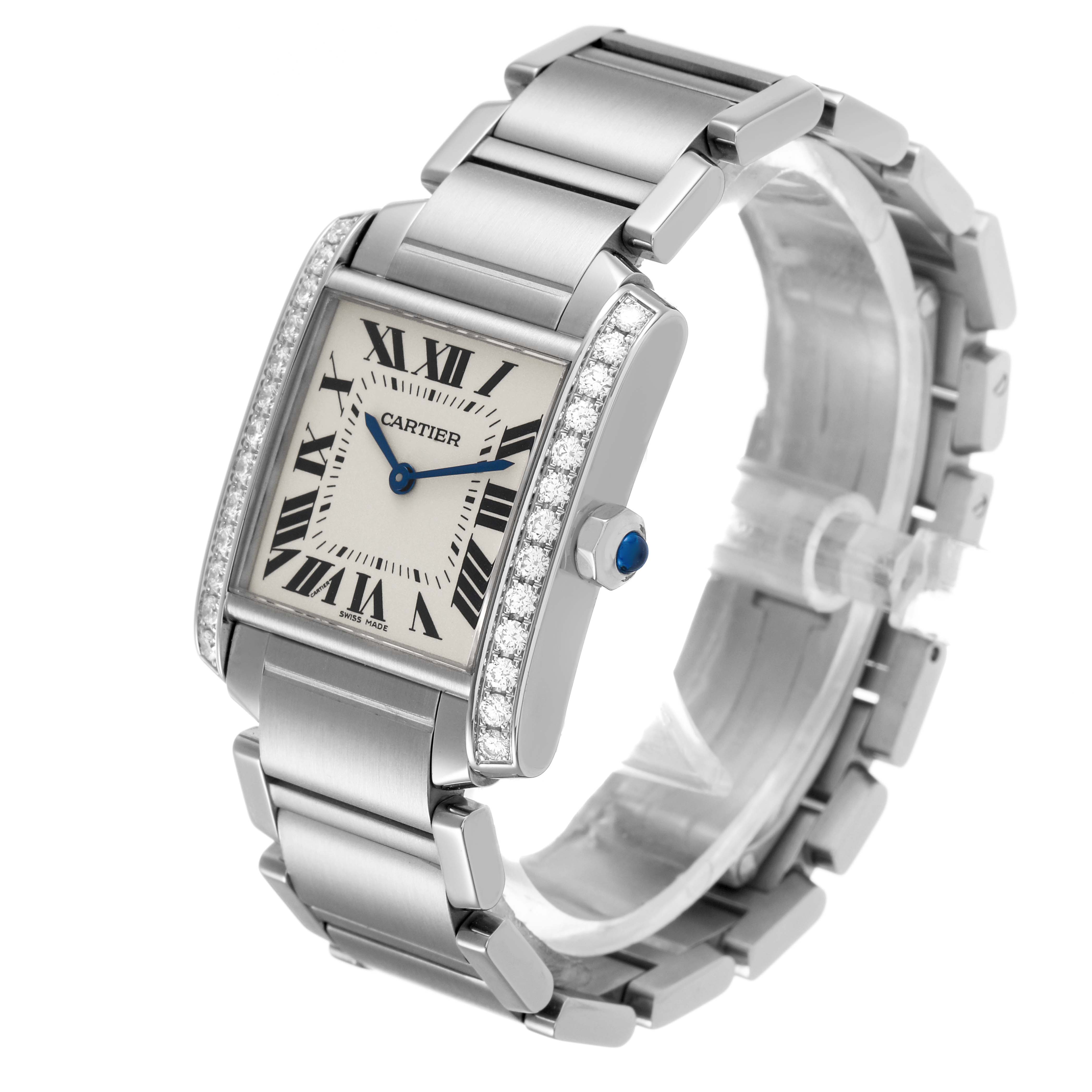 The Cartier Tank Française watch is shown at a three-quarter angle, highlighting the dial, bezel, crown, and bracelet.