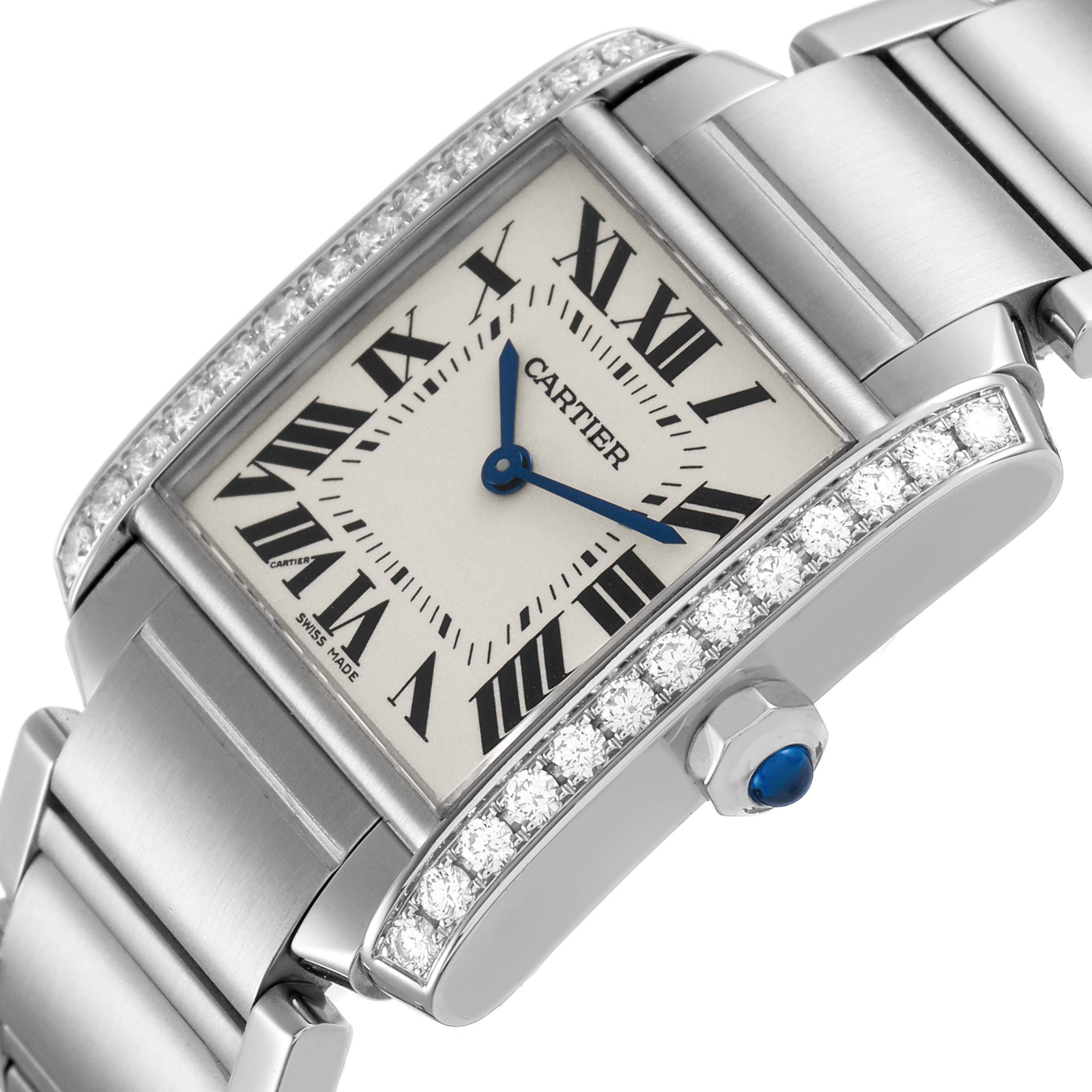 The Cartier Tank Française watch is shown at an angled view, displaying the face, bracelet, diamond-set bezels, and crown.