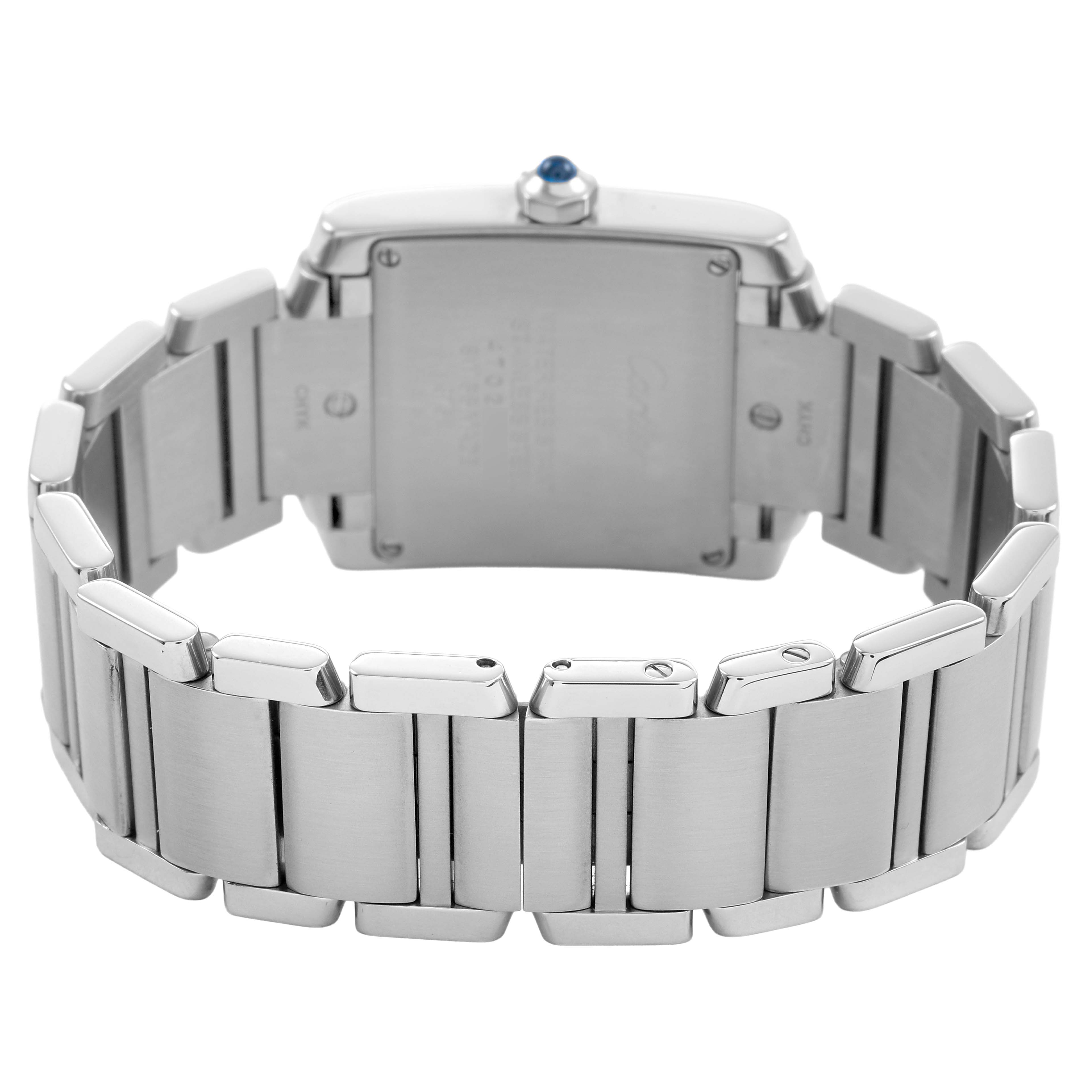 The image shows the back view of a Cartier Tank Française watch, highlighting the clasp and metal bracelet.