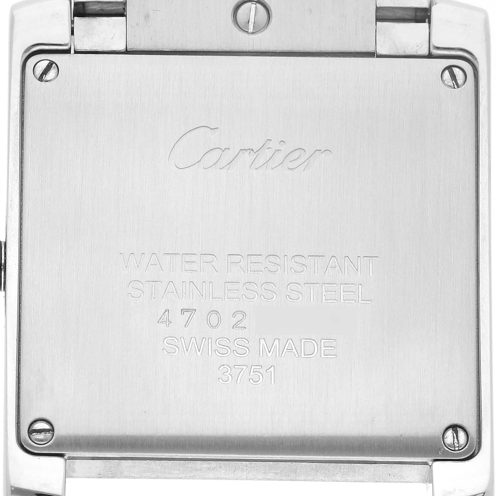 This image shows the back case of a Cartier Tank Française watch, displaying engravings and screws.