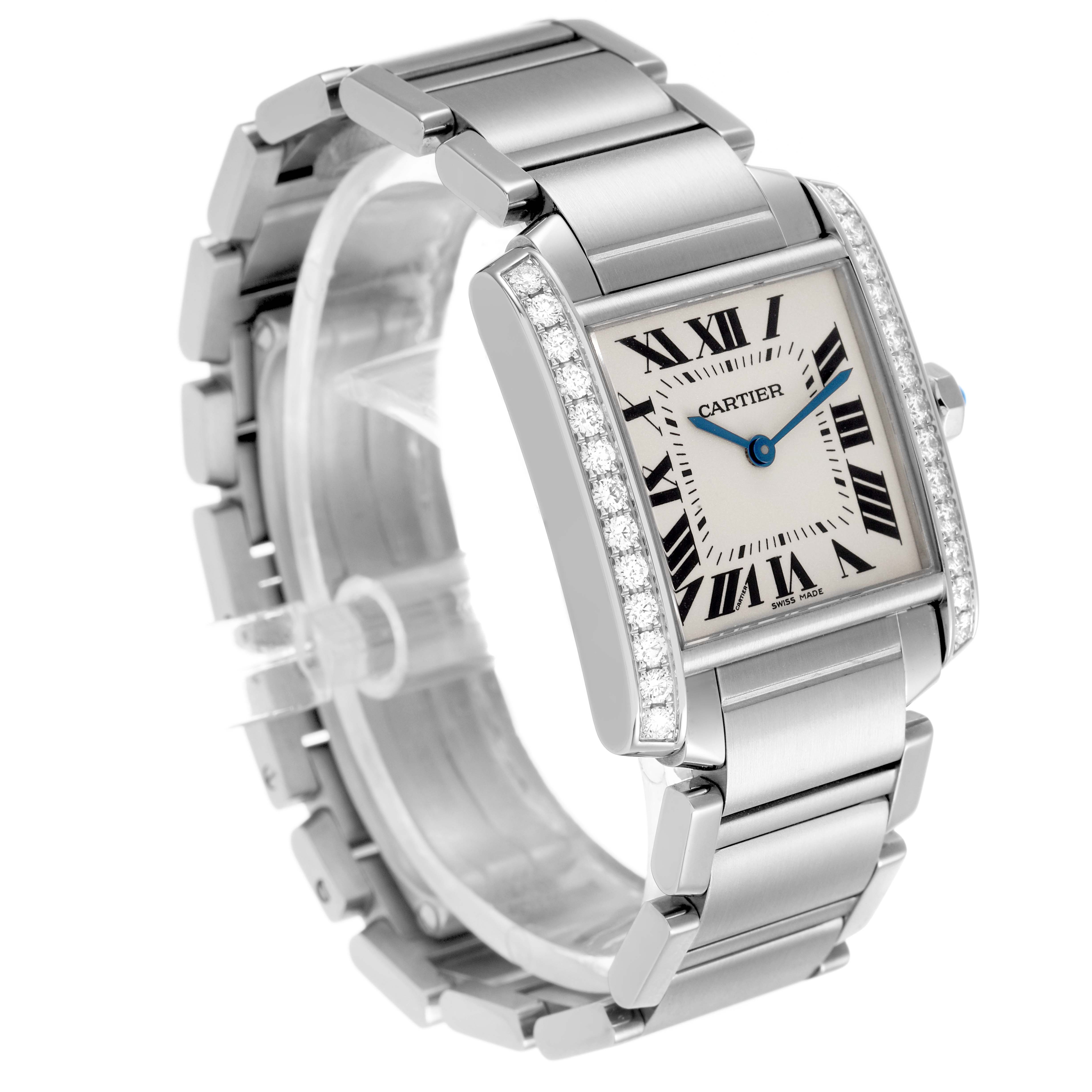 The Cartier Tank Française watch is shown at a slight angle, displaying the face, bracelet, and diamond-set bezel.