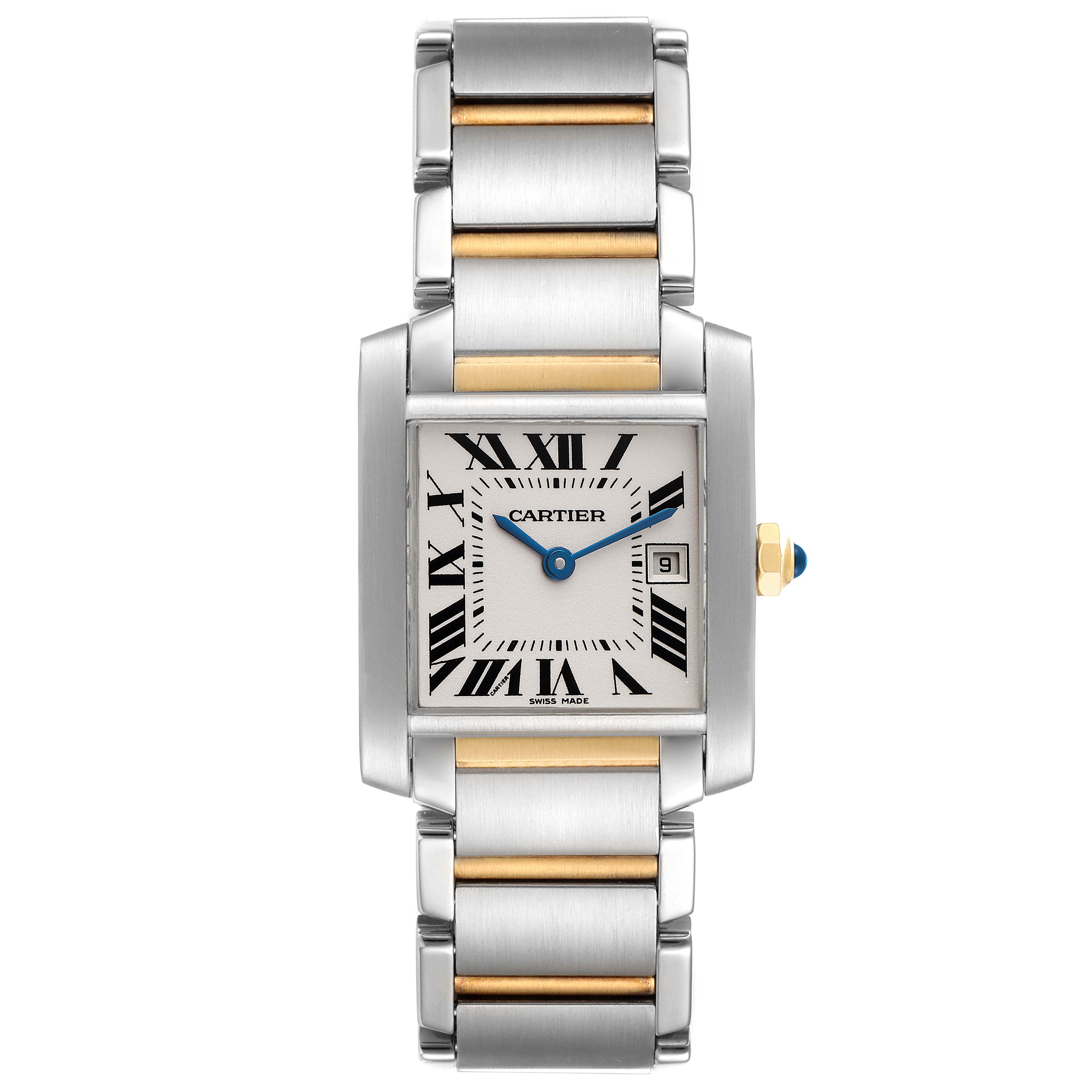 The Cartier Tank Francaise W51012Q4 Women's Steel and Gold (two tone) Silver Dial W51012Q4 Women's Steel and Gold (two tone) Silver Dial watch is shown from a front view, displaying the face, bracelet, and crown.