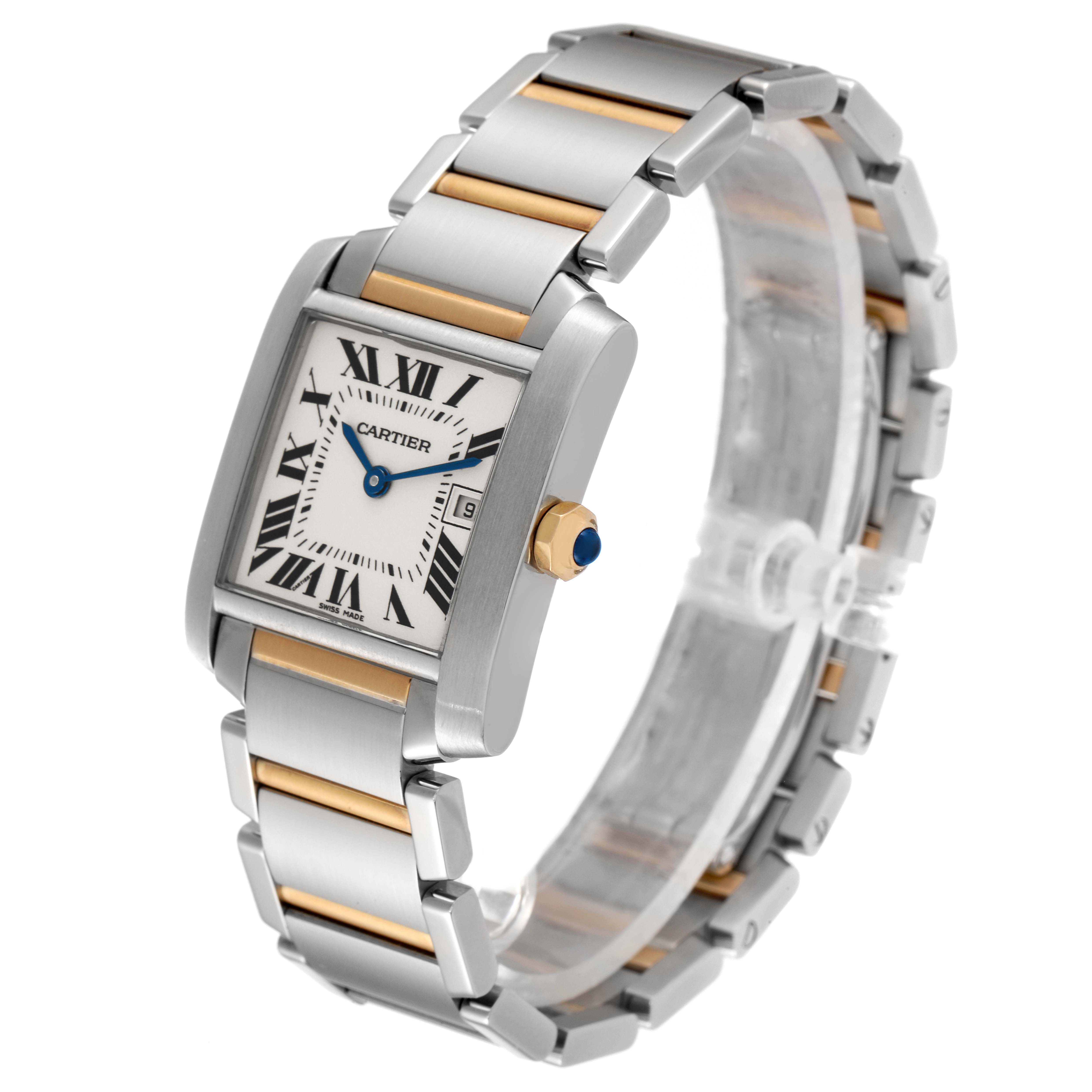 The image shows a Cartier Tank Française watch at a 3/4 angle, highlighting the face, bracelet, and crown.