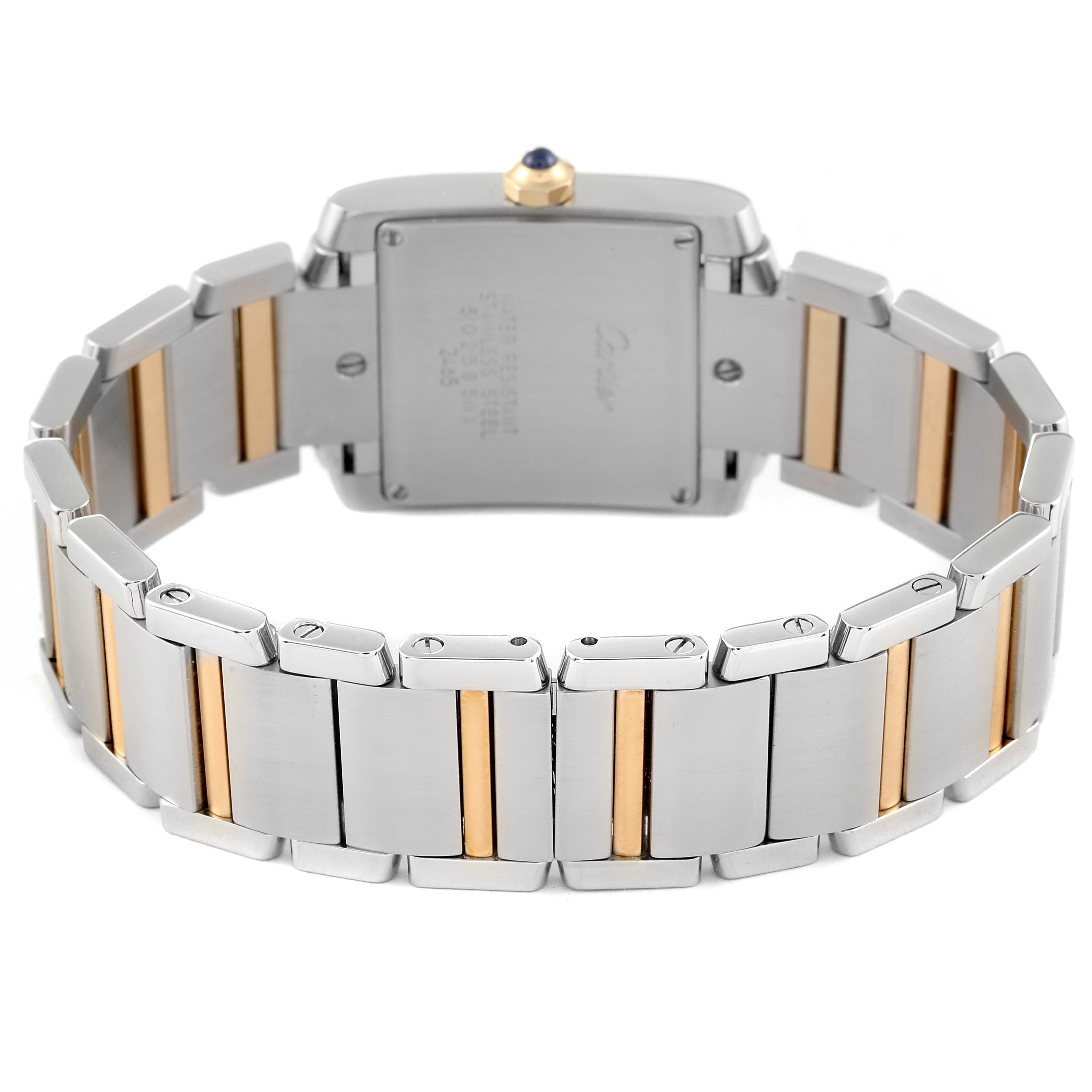 The image shows the back of a Cartier Tank Francaise W51012Q4 Women's Steel and Gold (two tone) Silver Dial W51012Q4 Women's Steel and Gold (two tone) Silver Dial watch, focusing on the case and two-tone bracelet.