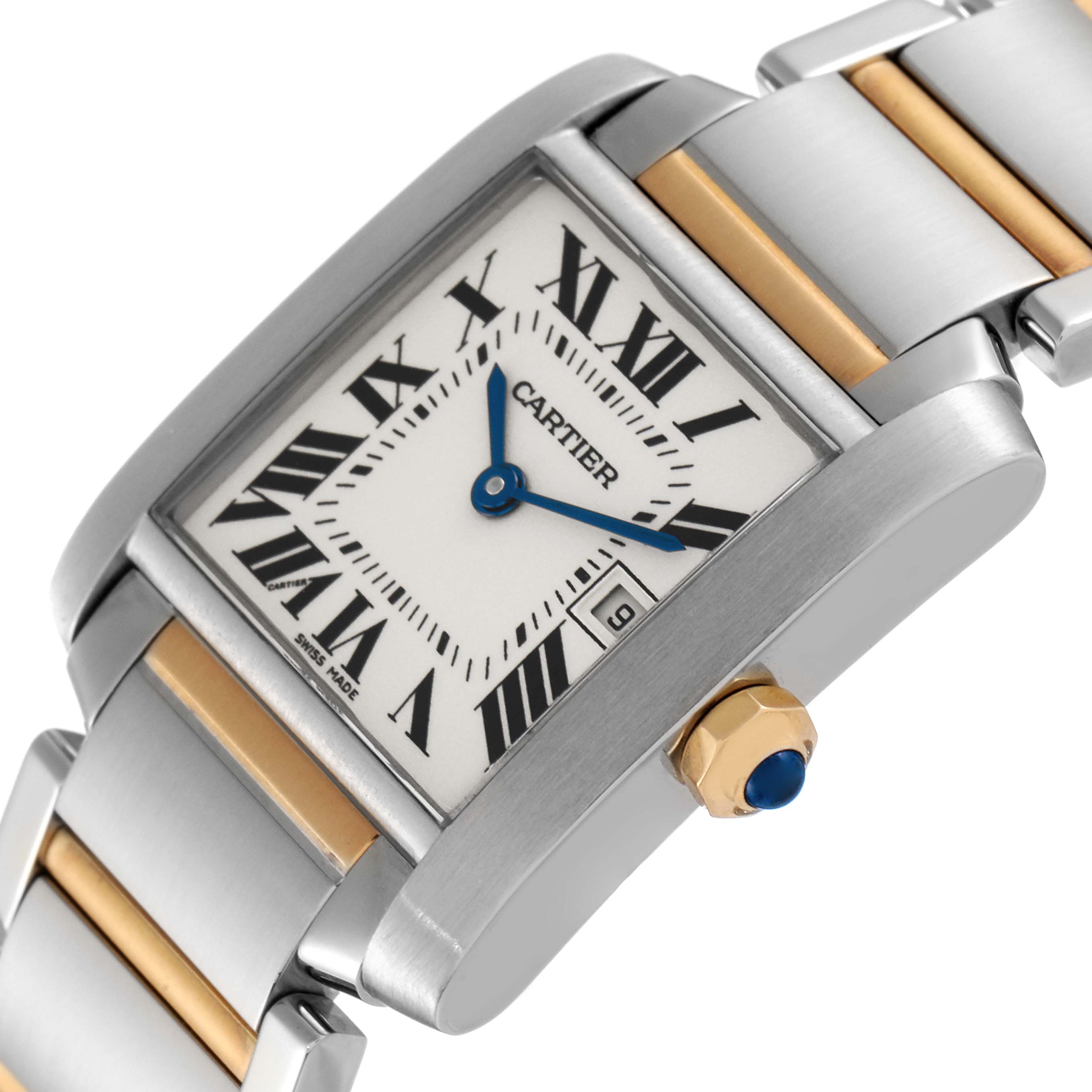 The image shows a close-up angle of the Cartier Tank Francaise W51012Q4 Women's Steel and Gold (two tone) Silver Dial W51012Q4 Women's Steel and Gold (two tone) Silver Dial watch, featuring the dial, crown, and part of the metal bracelet.