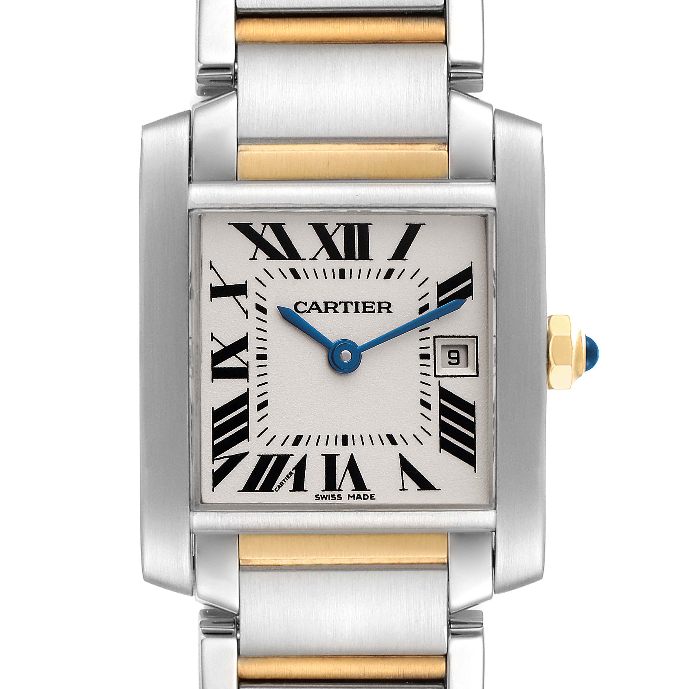 The image shows a close-up front view of the Cartier Tank Francaise W51012Q4 Women's Steel and Gold (two tone) Silver Dial W51012Q4 Women's Steel and Gold (two tone) Silver Dial watch, highlighting the dial, hands, and part of the metal bracelet.