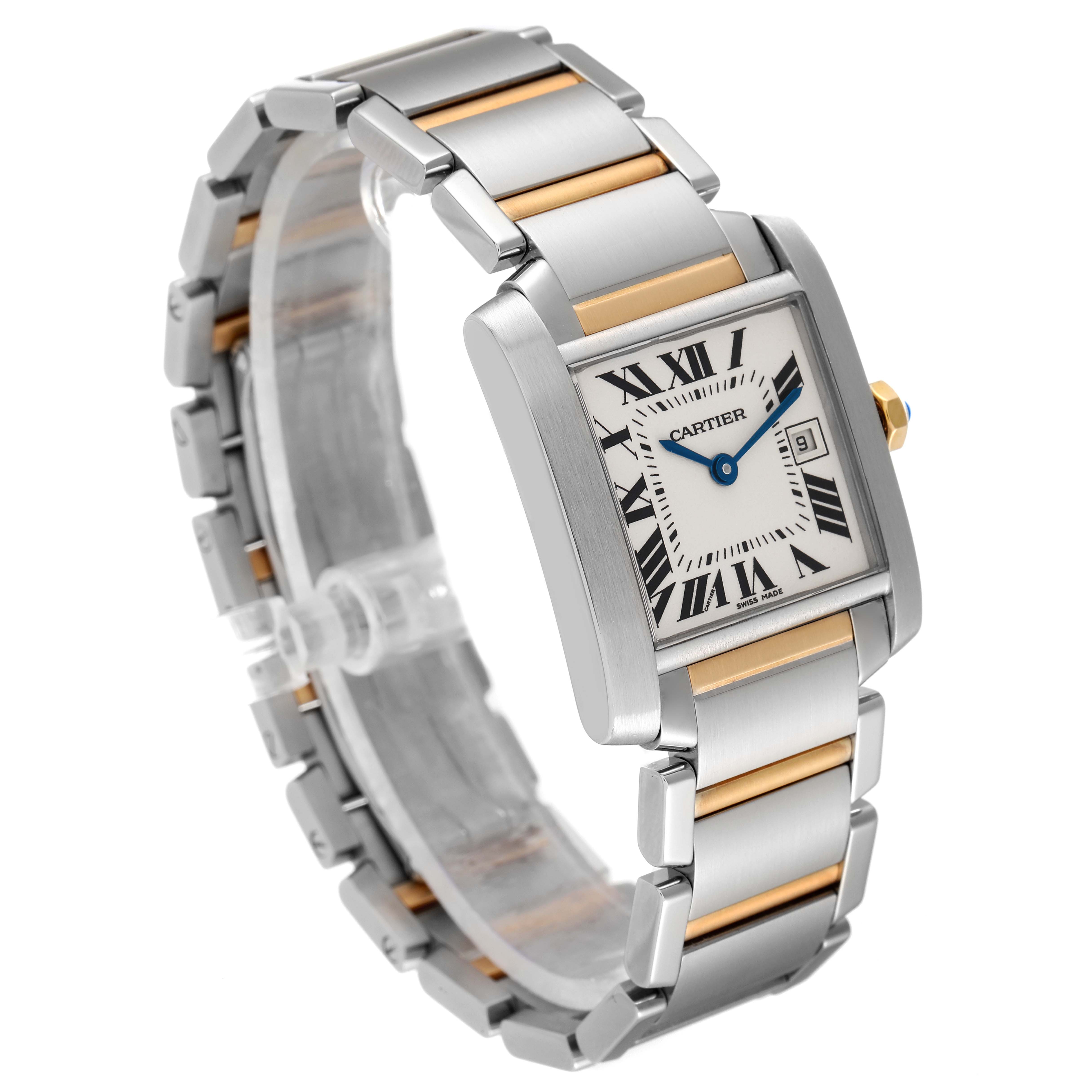The image shows a Cartier Tank Francaise W51012Q4 Women's Steel and Gold (two tone) Silver Dial W51012Q4 Women's Steel and Gold (two tone) Silver Dial watch at a three-quarter angle, highlighting its rectangular face and two-tone metal bracelet.