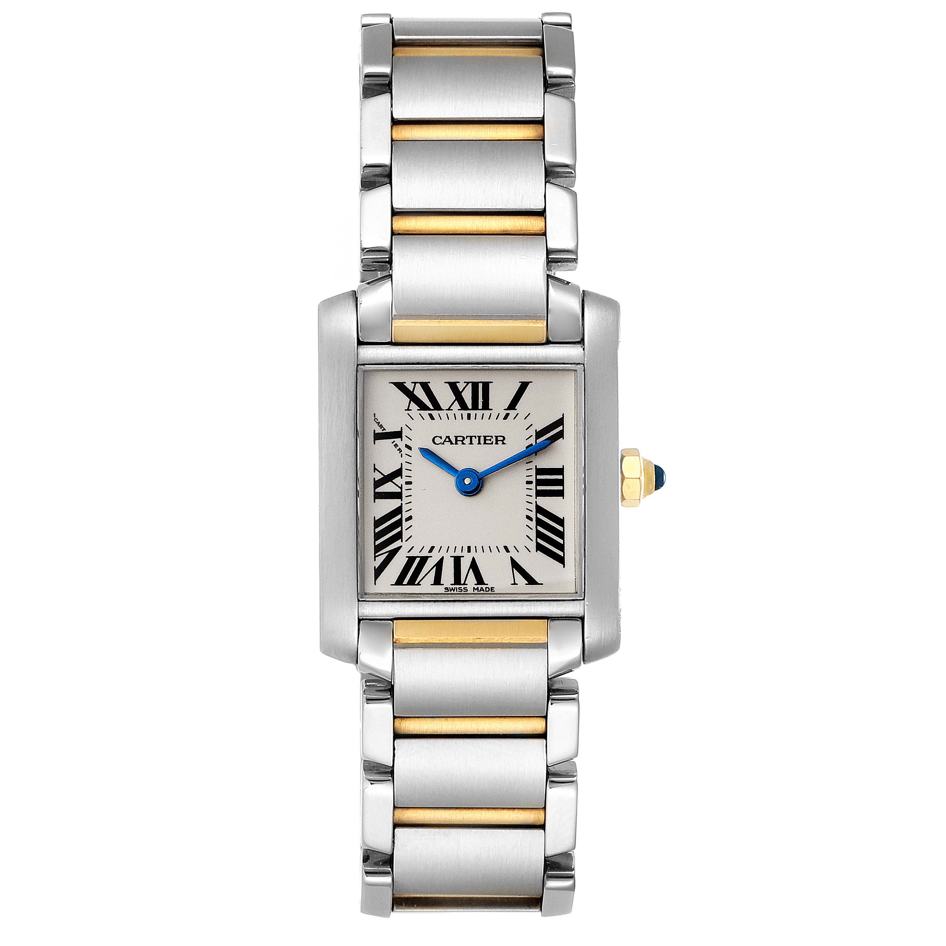 This image shows a front view of the Cartier Tank Francaise W51007Q4 Women
s Steel and Gold (two tone) Silver Dial W51007Q4 Women
s Steel and Gold (two tone) Silver Dial watch, highlighting the face, bracelet, and crown.