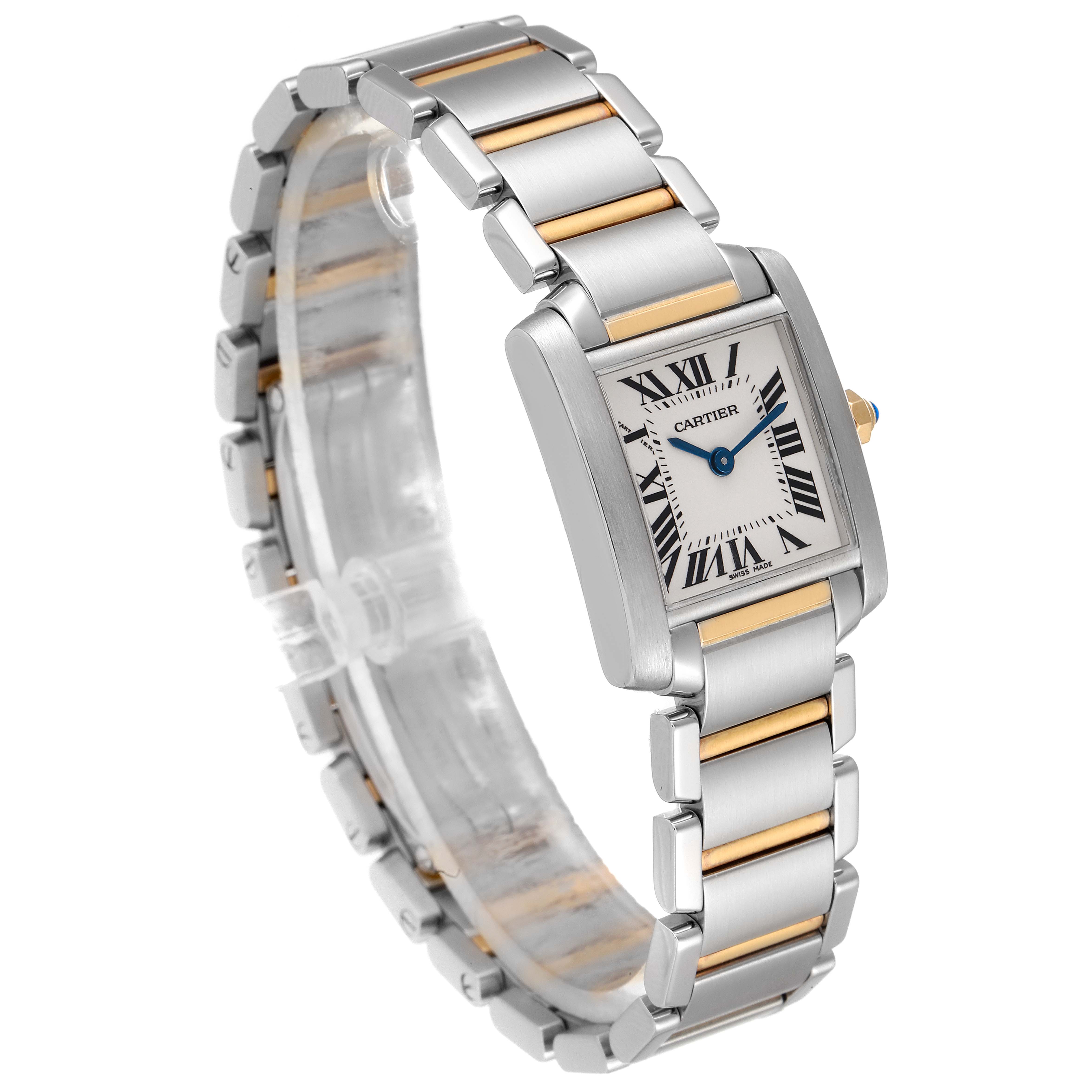 The image shows a Cartier Tank Française watch in a three-quarter angle, featuring the face, bezel, and two-tone bracelet.
