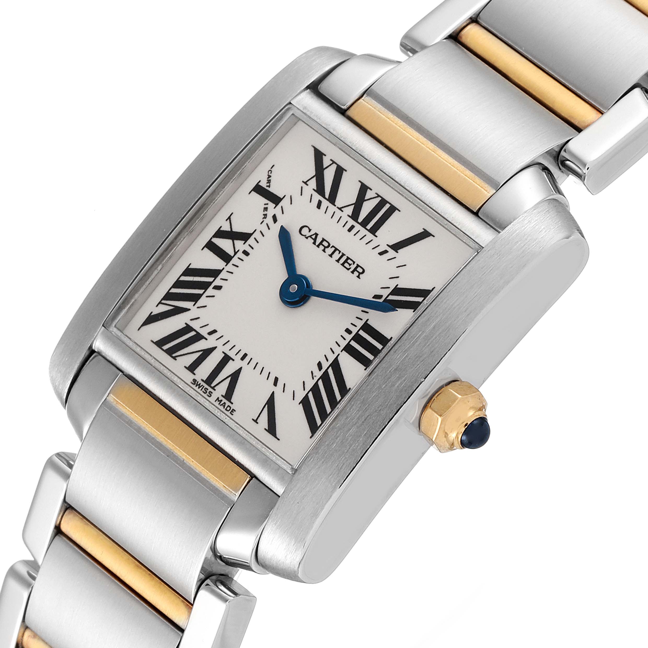 This image shows a close-up of the Tank Francaise watch by Cartier, focusing on the face, crown, and part of the bracelet band.