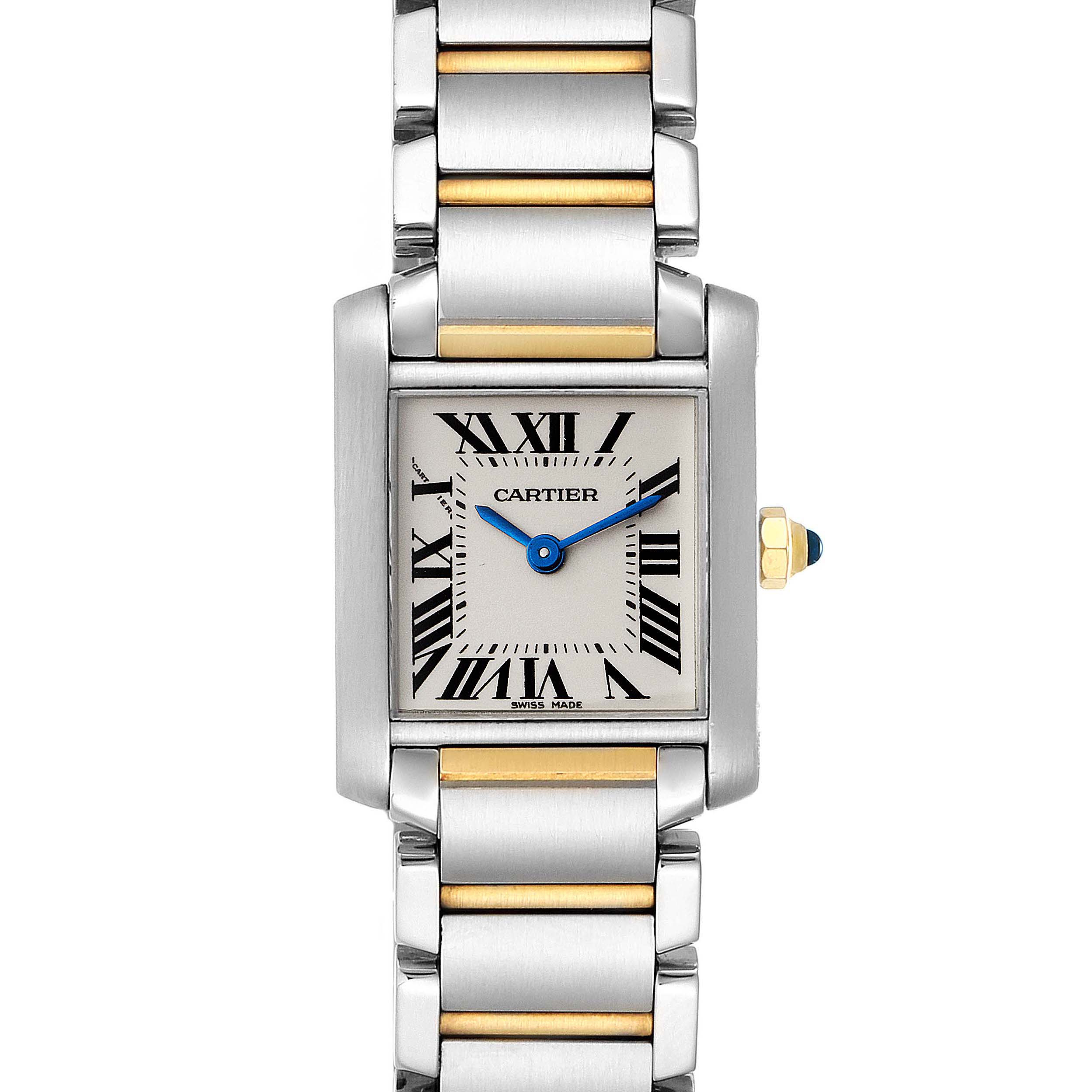 This image shows a front view of a Cartier Tank Francaise W51007Q4 Women
s Steel and Gold (two tone) Silver Dial W51007Q4 Women
s Steel and Gold (two tone) Silver Dial watch, highlighting its rectangular face and two-tone metal bracelet.
