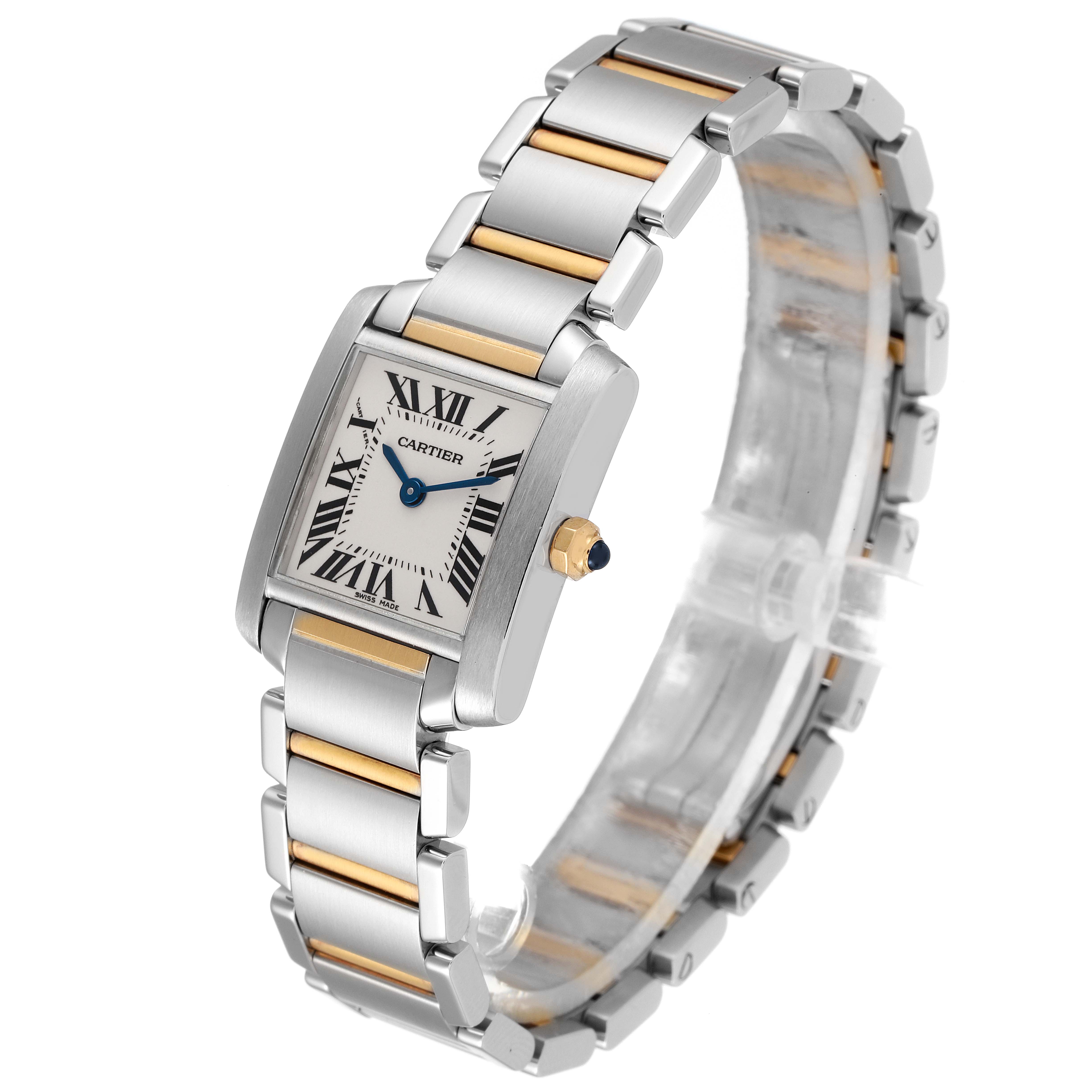 The image shows a Cartier Tank Francaise W51007Q4 Women
s Steel and Gold (two tone) Silver Dial W51007Q4 Women
s Steel and Gold (two tone) Silver Dial watch at a three-quarter angle, highlighting the face and bracelet.