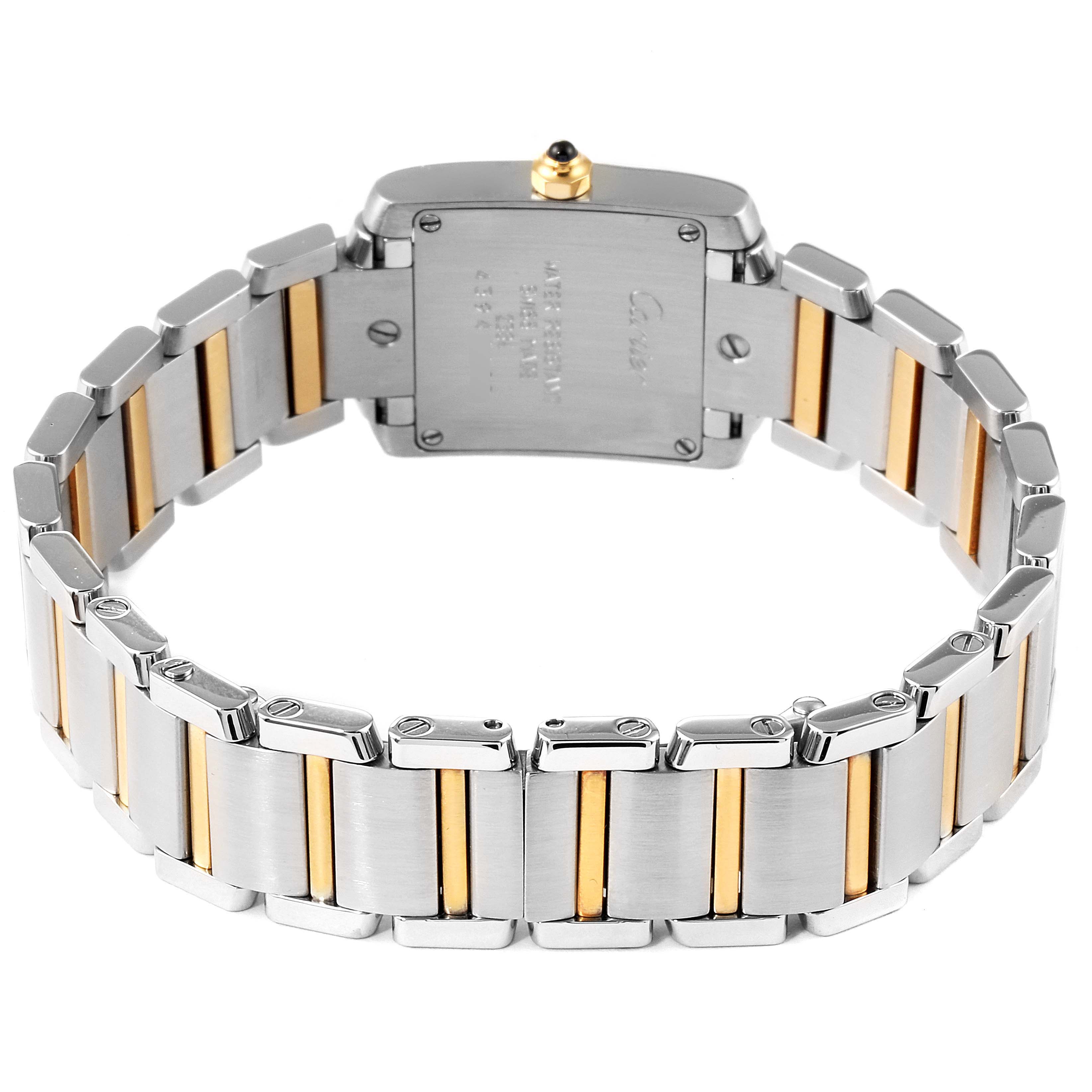 The image shows the back view of a Tank Francaise watch by Cartier, highlighting its stainless steel and gold bracelet.