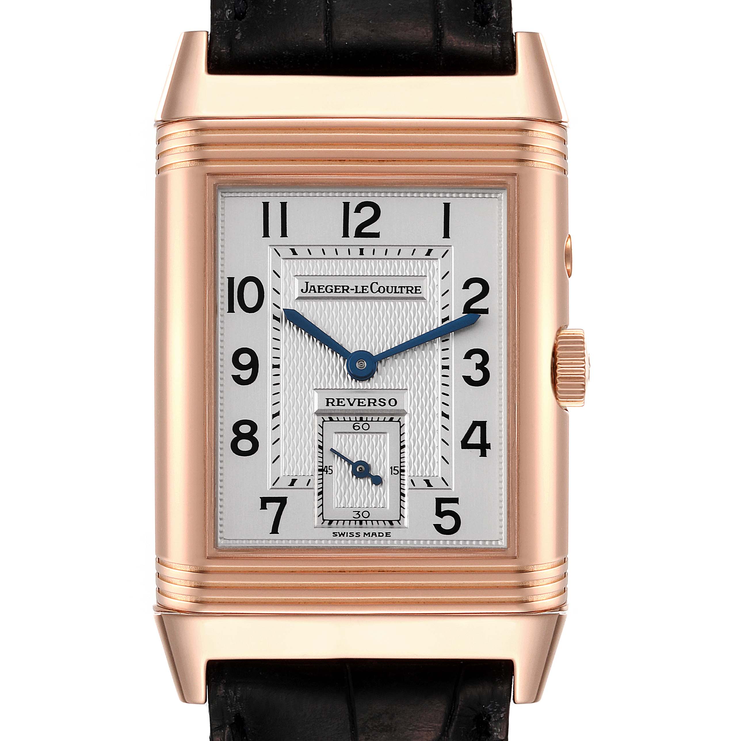 The Jaeger LeCoultre Reverso Q270254 Men
s Rose Gold Silver Dial Q270254 Men
s Rose Gold Silver Dial watch is shown from a front angle, displaying the dial, hands, and crown.