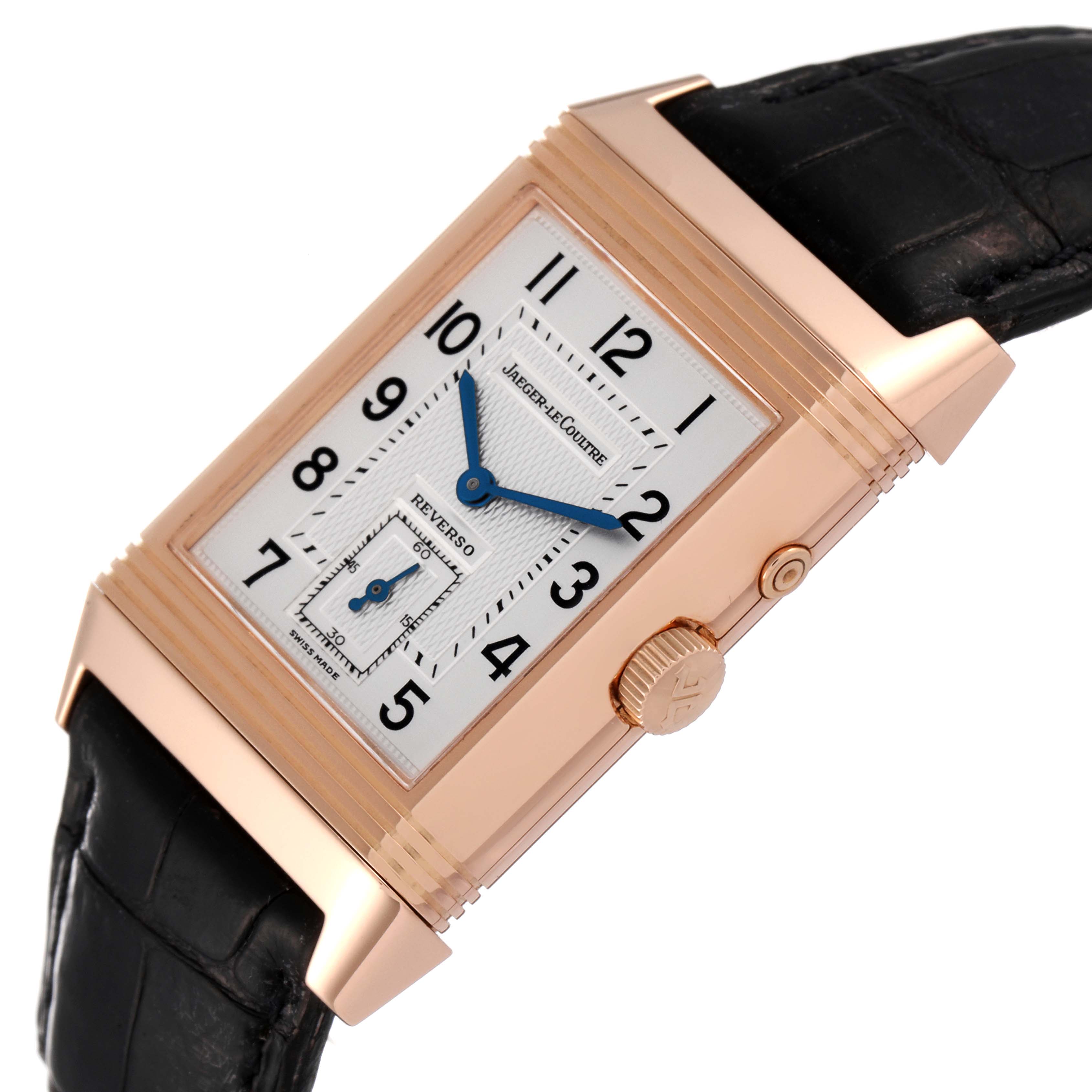 The image shows a side angle of the Jaeger LeCoultre Reverso Q270254 Men
s Rose Gold Silver Dial Q270254 Men
s Rose Gold Silver Dial watch, highlighting the dial, crown, and strap.