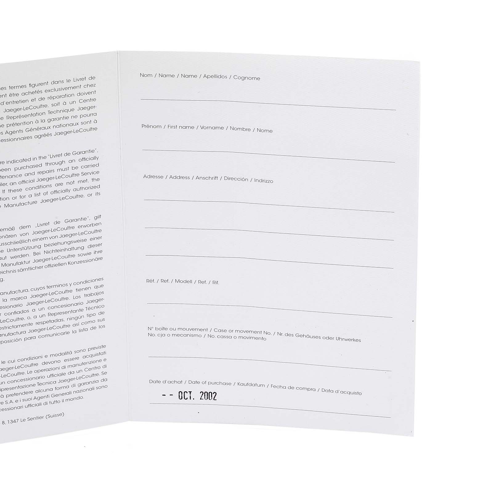 The image shows the open guarantee book for the Jaeger-LeCoultre Reverso model, emphasizing warranty and registration information.