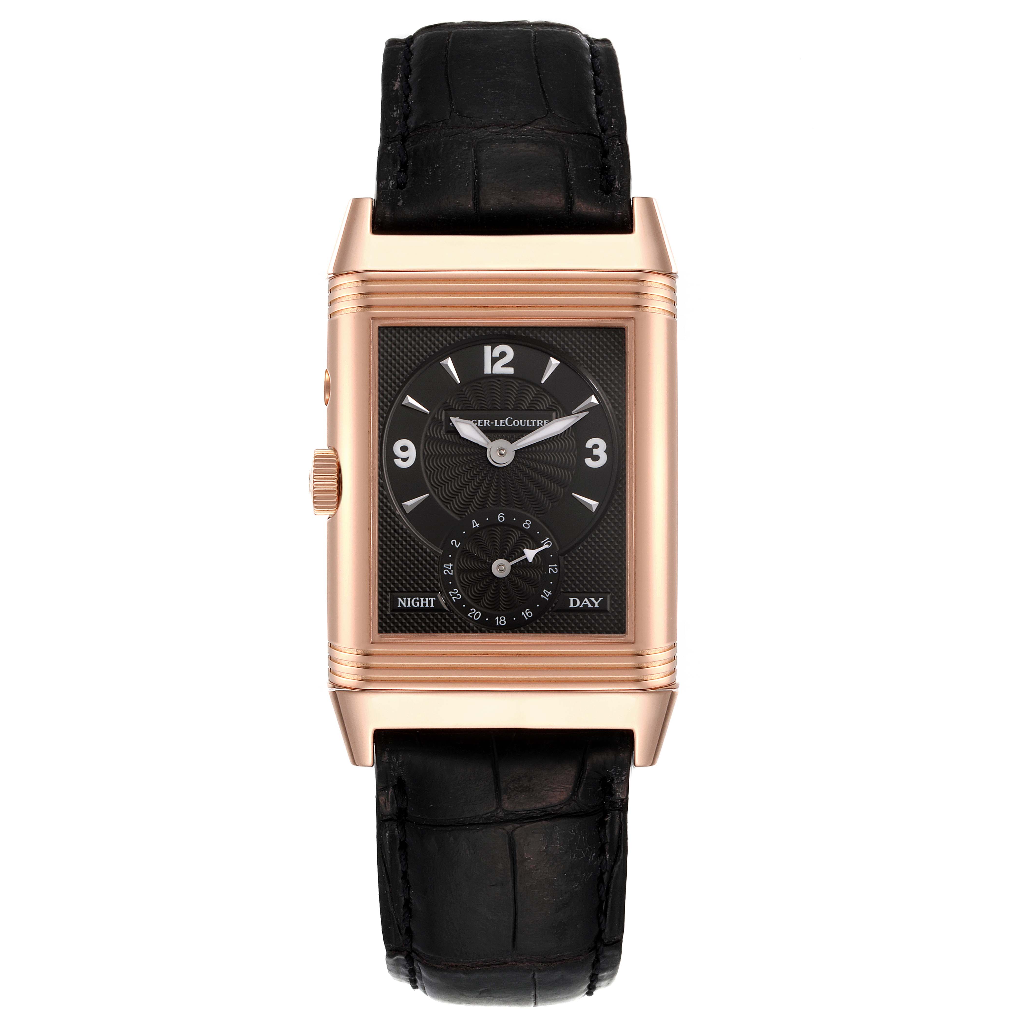 This image shows a front view of the Jaeger LeCoultre Reverso Q270254 Men
s Rose Gold Silver Dial Q270254 Men
s Rose Gold Silver Dial watch, highlighting its face, dial, case, and leather strap.