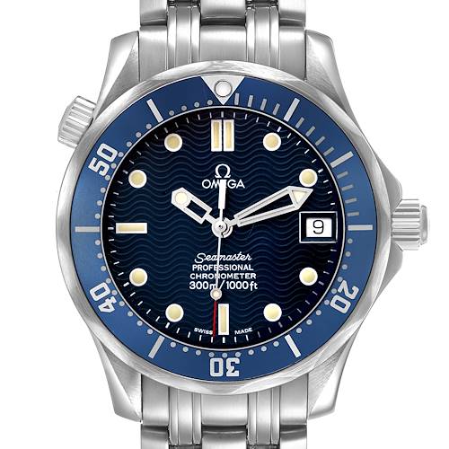 The Omega Seamaster 2551.80.00 Men's Stainless Steel Blue Dial watch is shown from the front, highlighting its bezel, dial, hands, and bracelet.