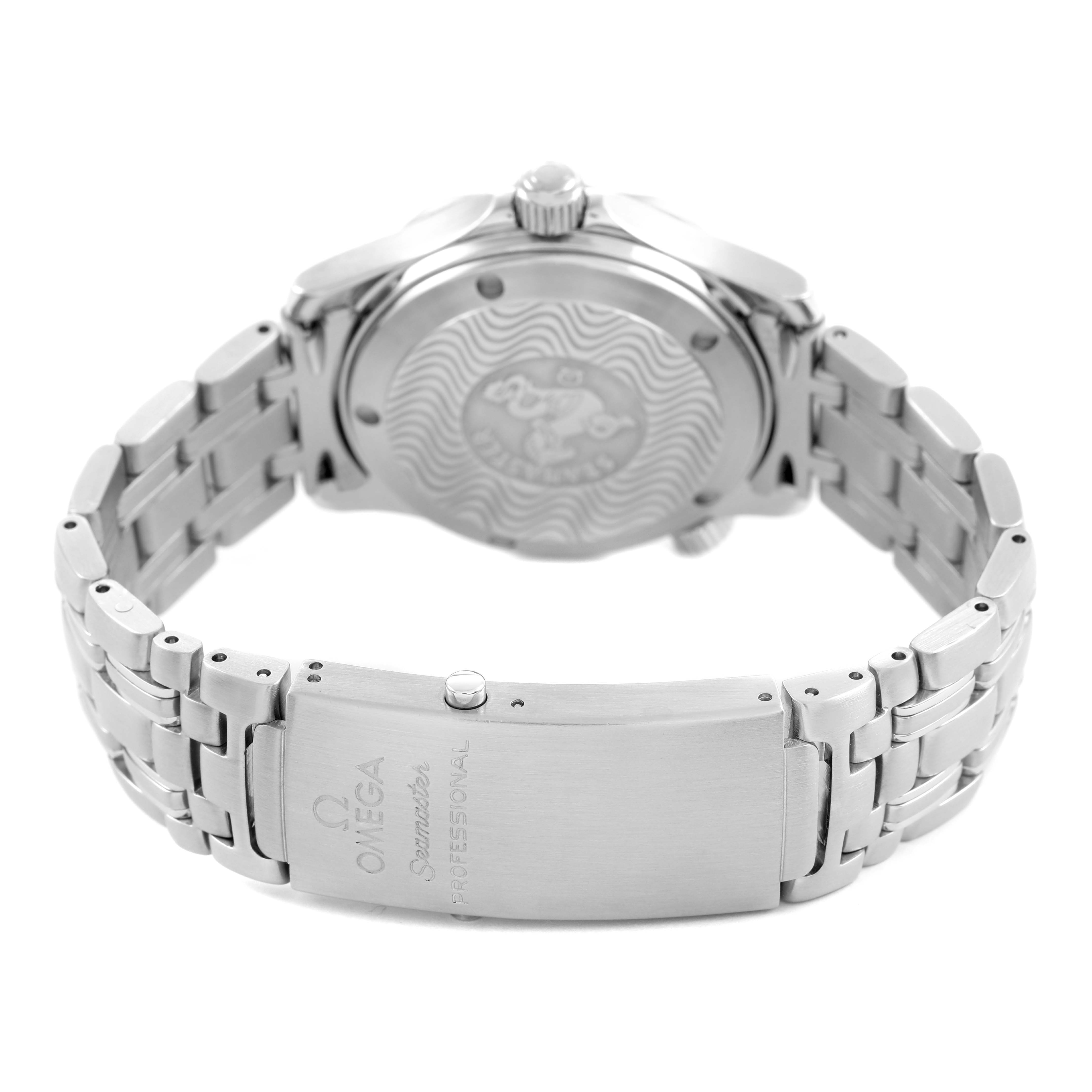 The image shows the back view of an Omega Seamaster 2551.80.00 Men's Stainless Steel Blue Dial, highlighting the case back, crown, and bracelet clasp.