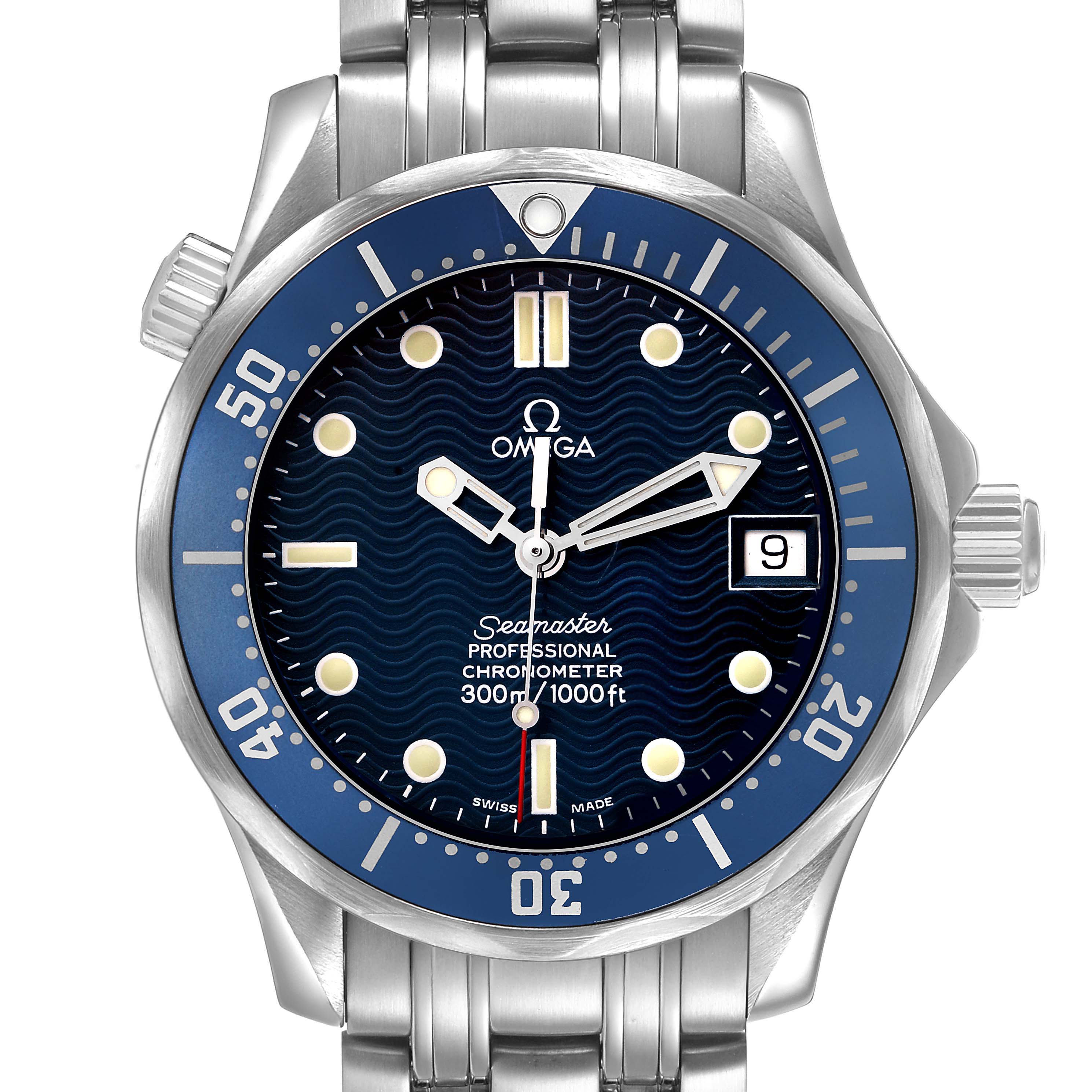 The Omega Seamaster 2551.80.00 Men's Stainless Steel Blue Dial watch is shown from the front, displaying the dial, bezel, crown, and part of the bracelet.