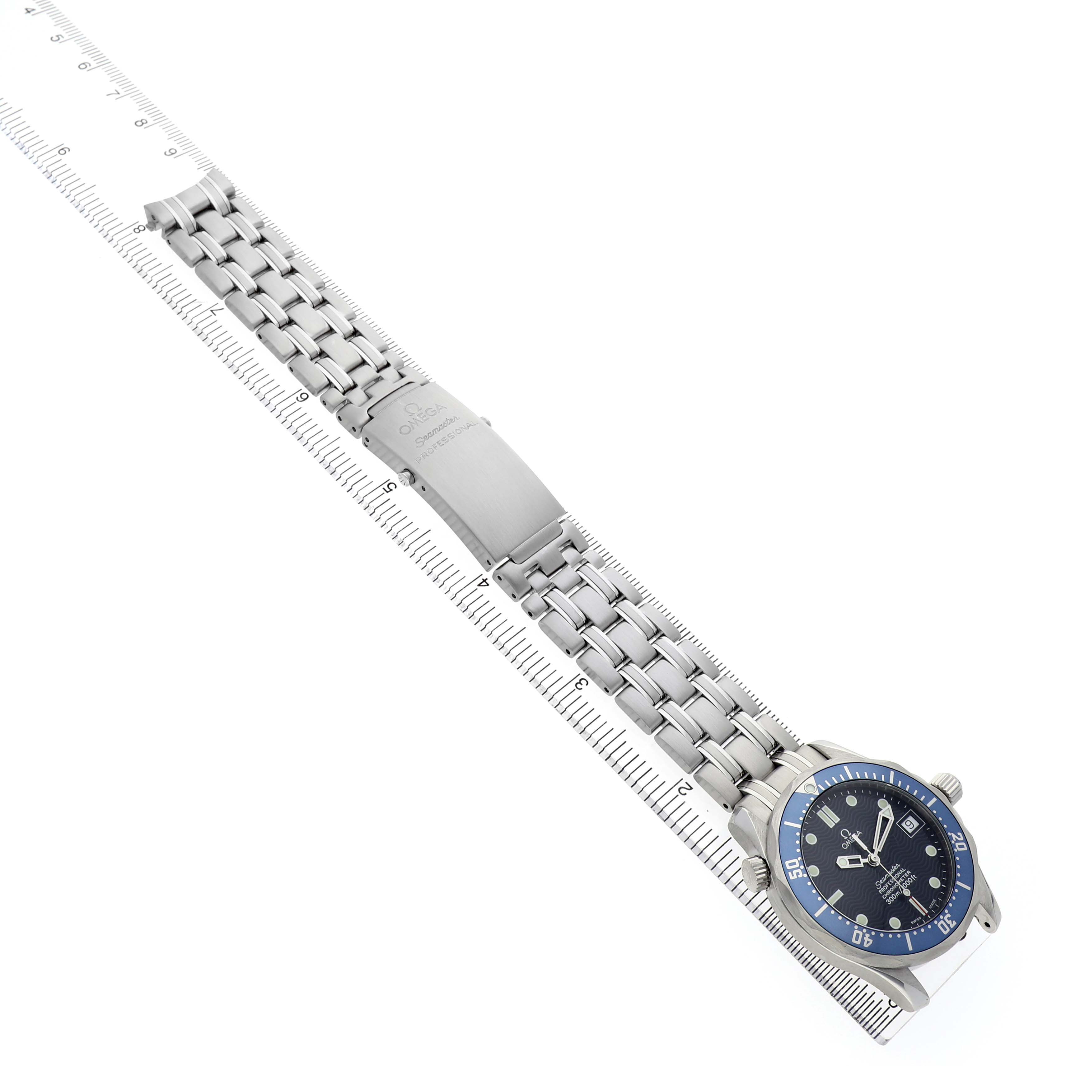 The Omega Seamaster 2551.80.00 Men's Stainless Steel Blue Dial watch is shown at an angled view, highlighting its face, bezel, and metal bracelet clasp.