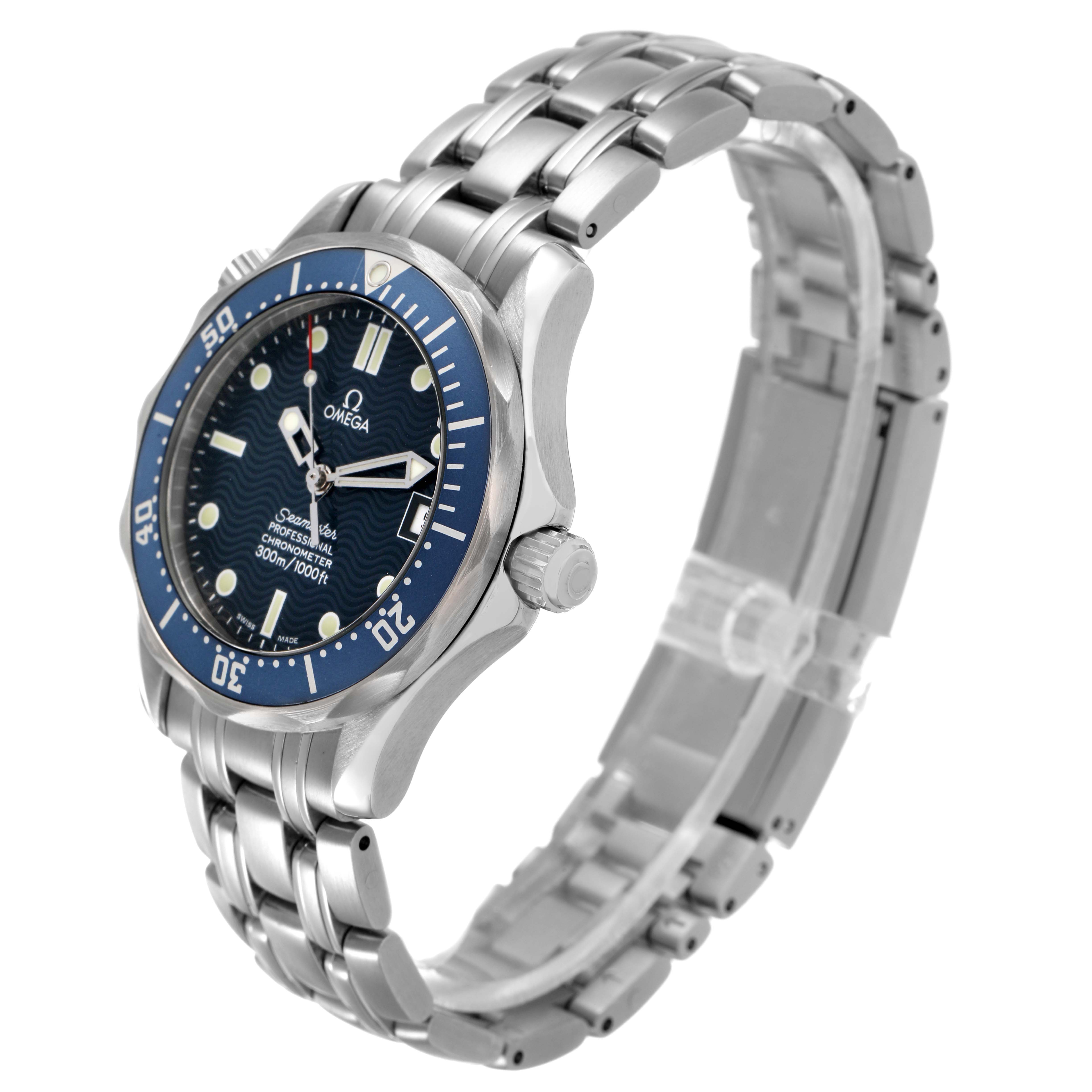 The image shows an angled side view of an Omega Seamaster 2551.80.00 Men's Stainless Steel Blue Dial, highlighting its blue bezel, face, and stainless steel bracelet.